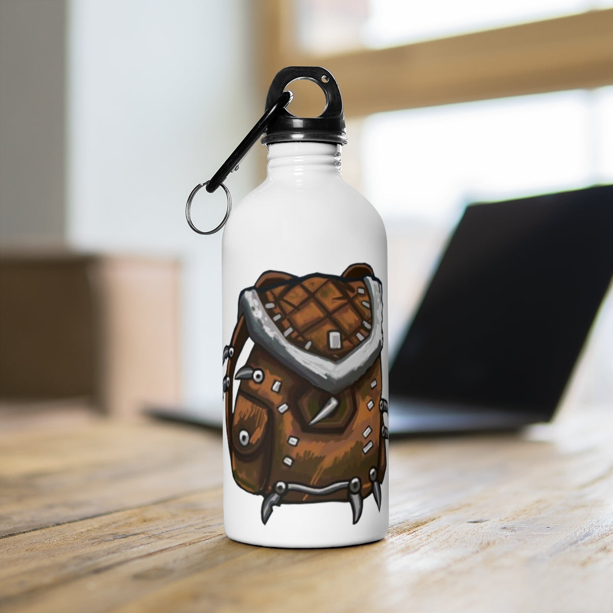 Brown Bag Stainless Steel Water Bottle with a plastic screw top and carabiner, perfect for hydration on the go.