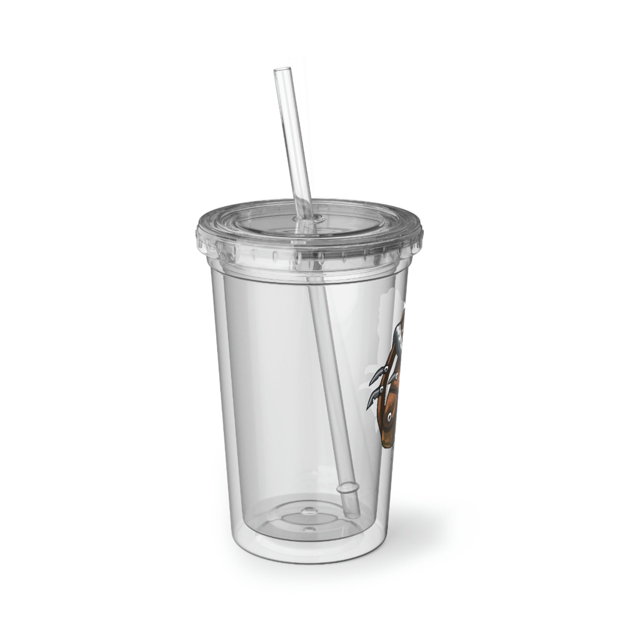 Brown Bag Suave Acrylic Cup with double-wall insulation, featuring a plastic lid and straw, perfect for hot and cold beverages.