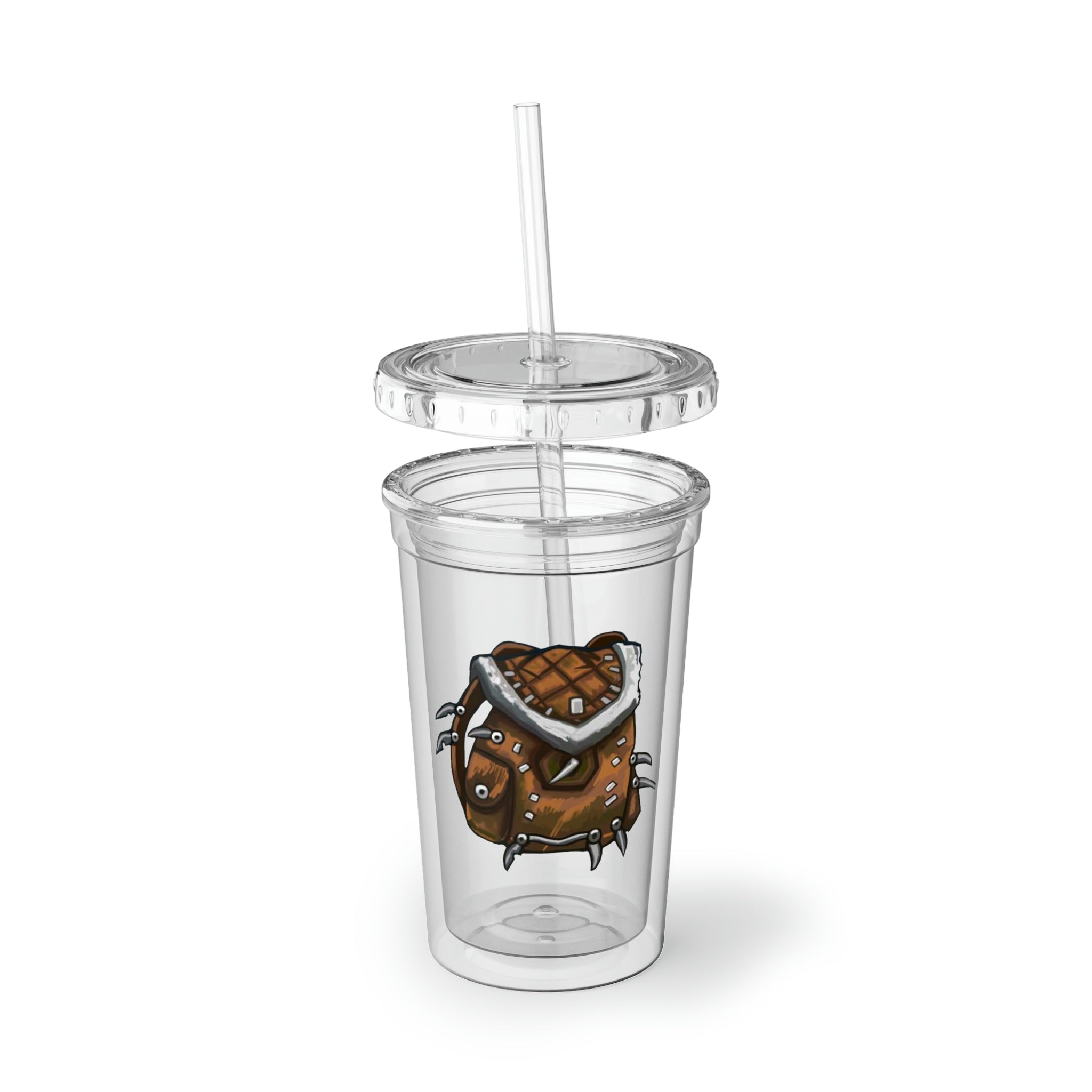 Brown Bag Suave Acrylic Cup with double-wall insulation, featuring a plastic lid and straw, perfect for hot and cold beverages.
