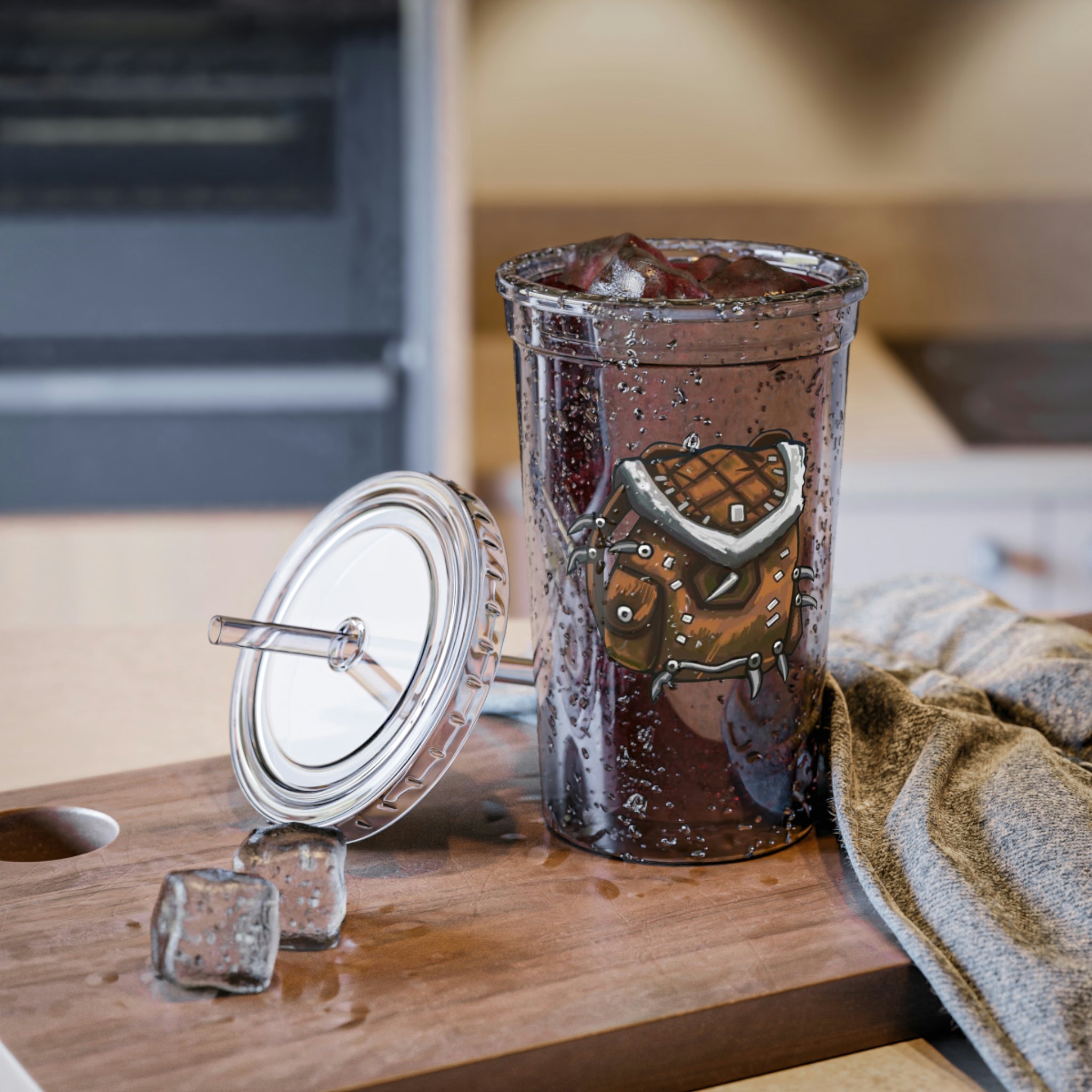 Brown Bag Suave Acrylic Cup with double-wall insulation, featuring a plastic lid and straw, perfect for hot and cold beverages.