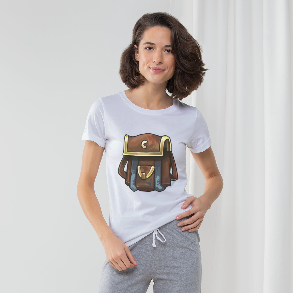 Brown Bag Women's Long Pant Pyjama Set featuring a white t-shirt, heather grey and light pink striped pants, and a matching drawcord bag.