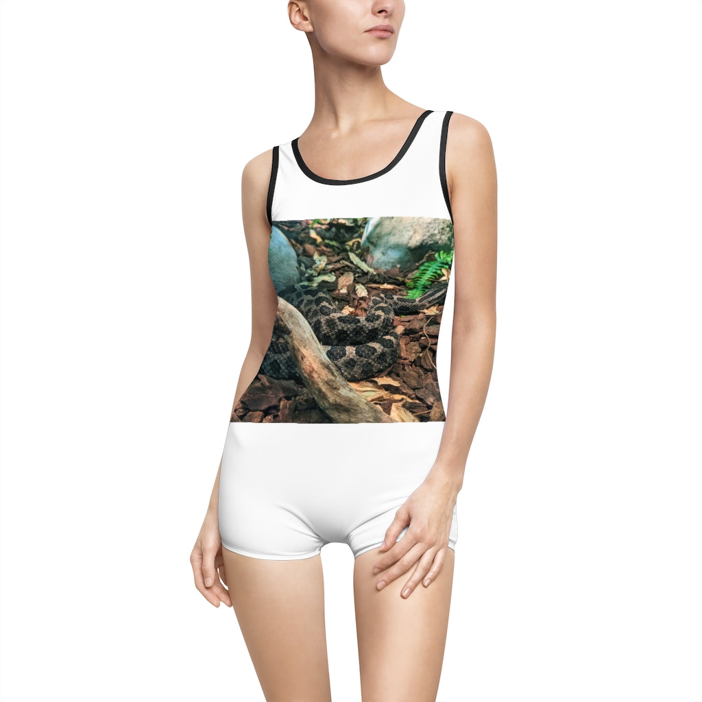 Brown Black Snake Women's Vintage Swimsuit featuring a unique snake print design and deep U-shape neck cut.