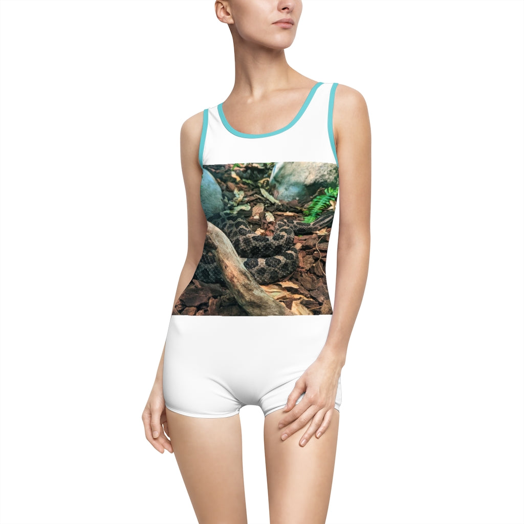 Brown Black Snake Women's Vintage Swimsuit featuring a unique snake print design and deep U-shape neck cut.