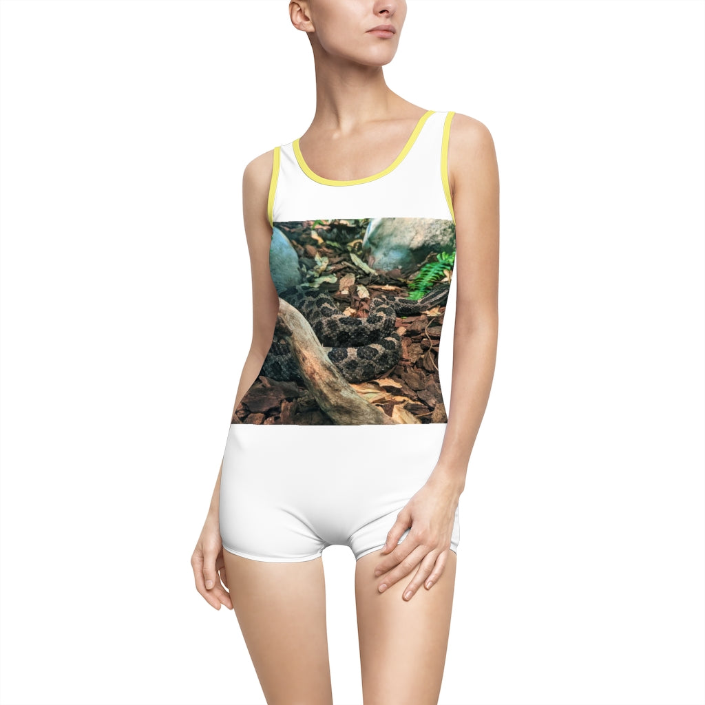 Brown Black Snake Women's Vintage Swimsuit featuring a unique snake print design and deep U-shape neck cut.