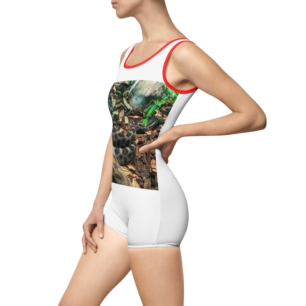 Brown Black Snake Women's Vintage Swimsuit featuring a unique snake print design and deep U-shape neck cut.