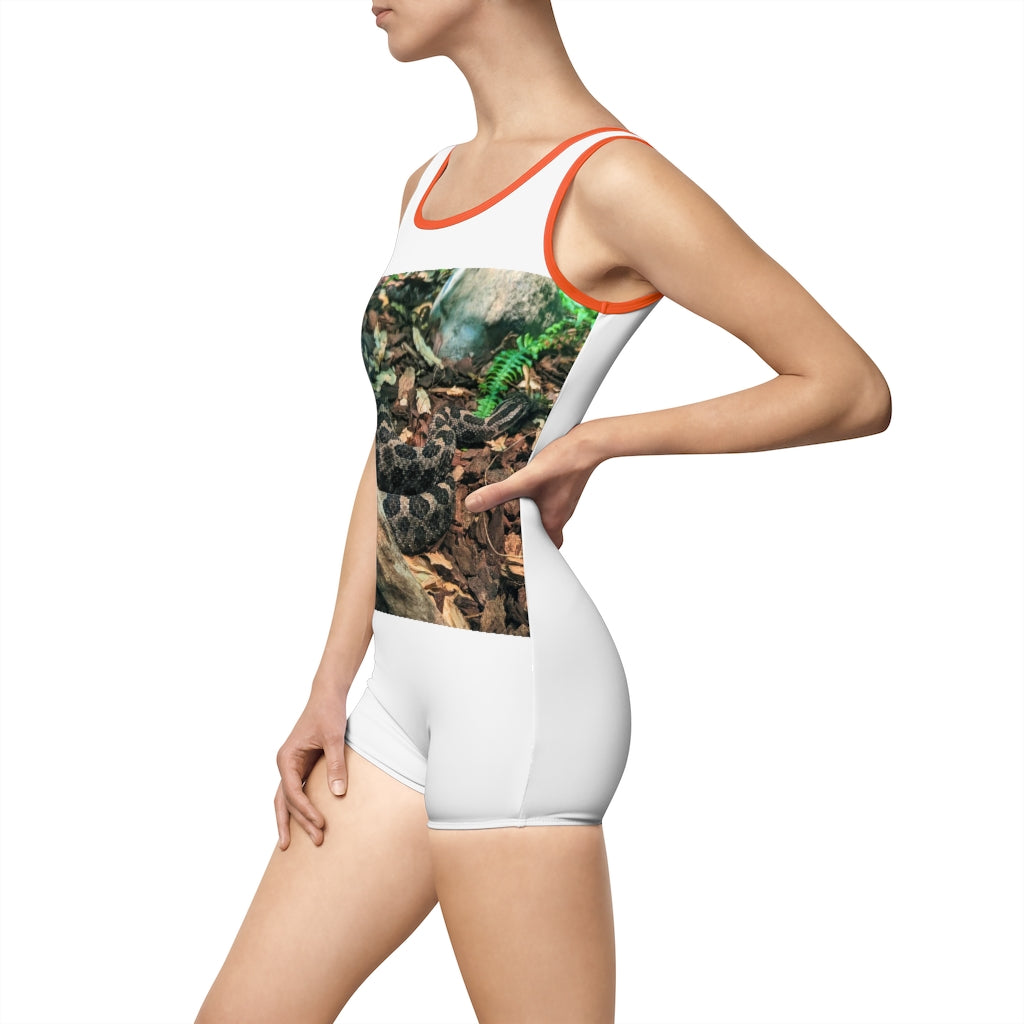 Brown Black Snake Women's Vintage Swimsuit featuring a unique snake print design and deep U-shape neck cut.