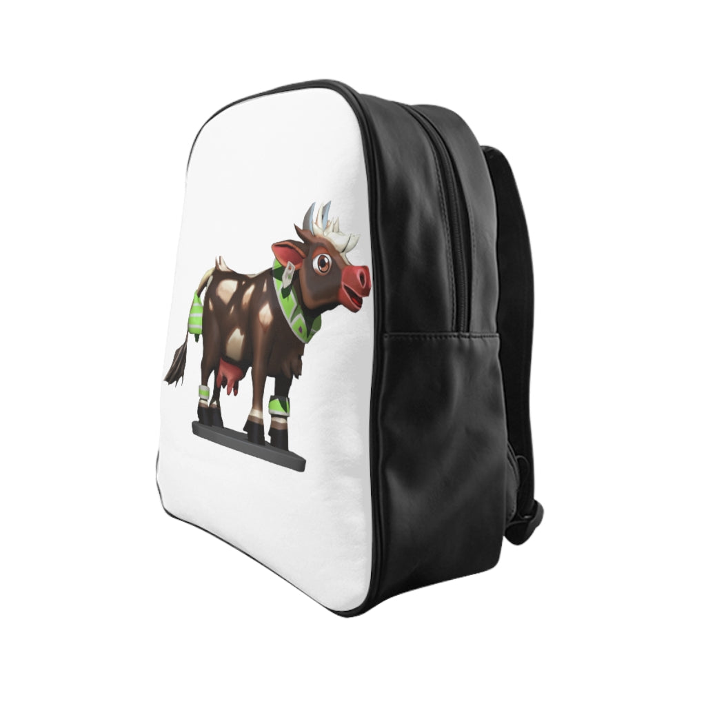 Brown Cow School Backpack featuring a stylish cow print design, padded back, and multiple inside pockets for organization.