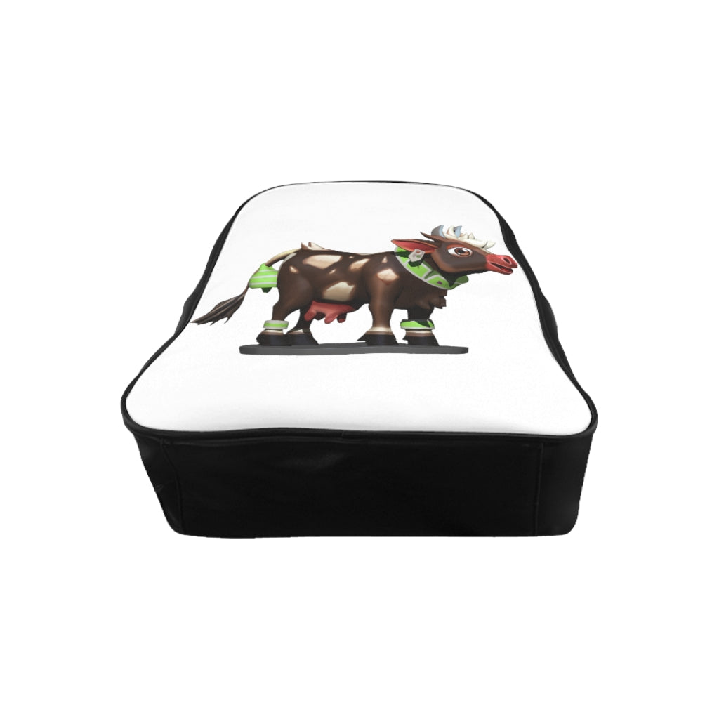 Brown Cow School Backpack featuring a stylish cow print design, padded back, and multiple inside pockets for organization.