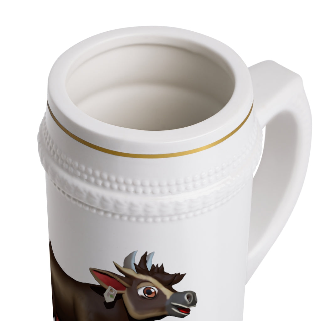 A stylish Brown Cow Stein Mug made of durable white ceramic with ribbed outlines, perfect for custom designs.