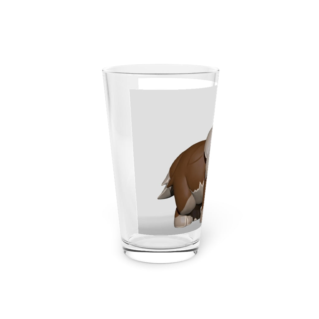 A clear 16oz Brown Dog Pint Glass showcasing a custom printed design, perfect for beverages.