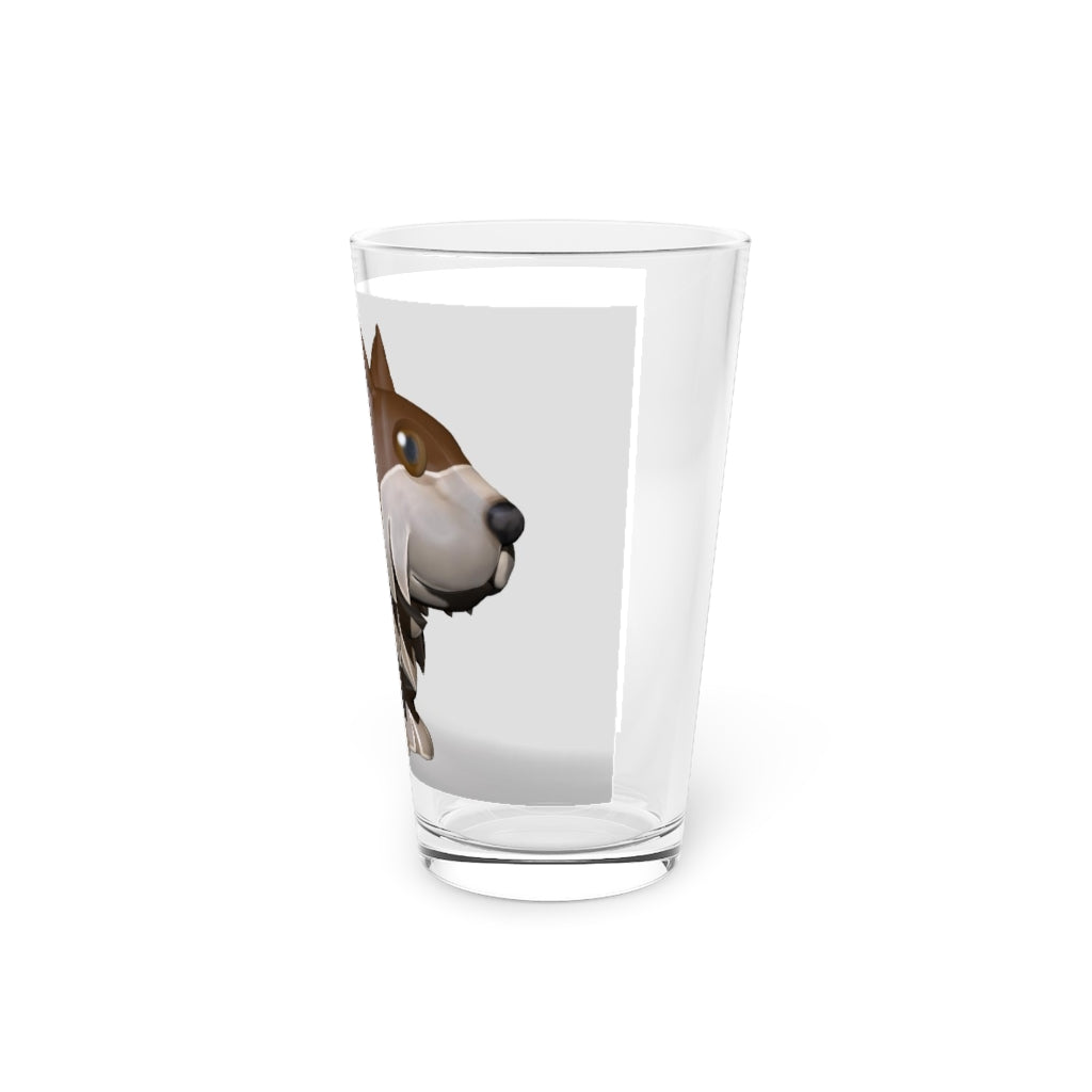 A clear 16oz Brown Dog Pint Glass showcasing a custom printed design, perfect for beverages.