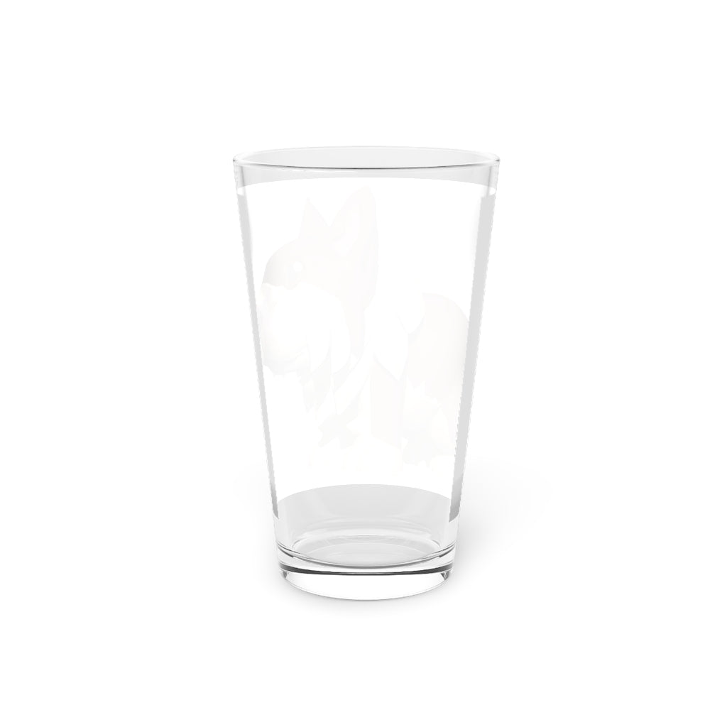 A clear 16oz Brown Dog Pint Glass showcasing a custom printed design, perfect for beverages.