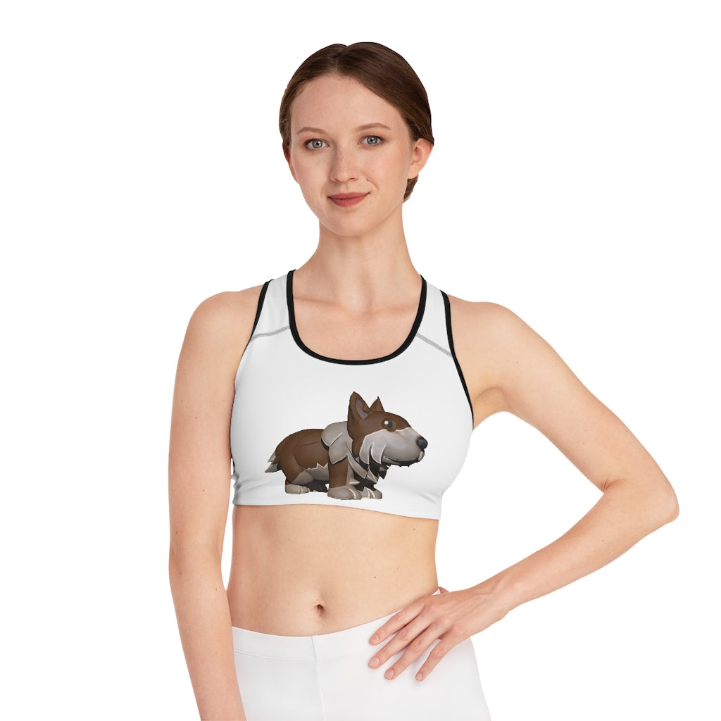 Brown Dog Sports Bra featuring a customizable all-over-print design, double-layer front, and comfortable compression fit.