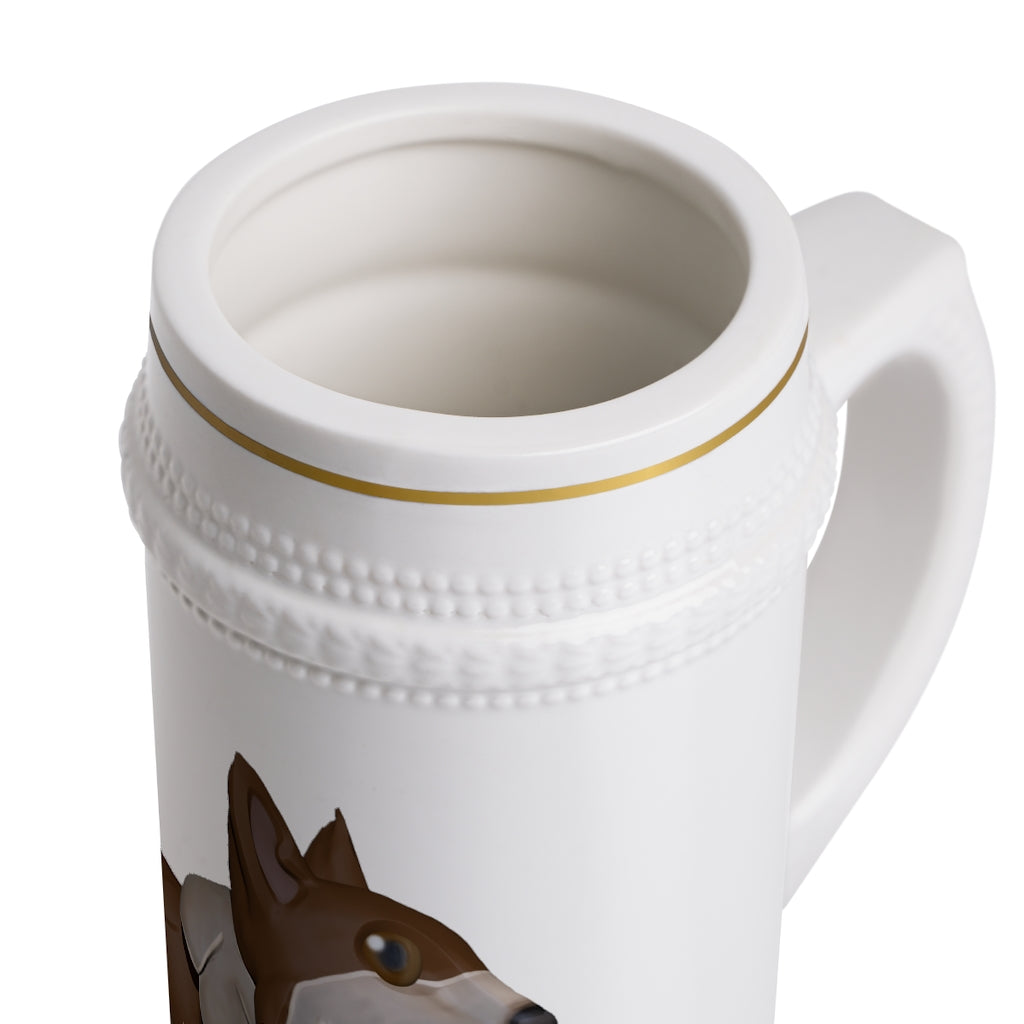A stylish Brown Dog Stein Mug made of durable white ceramic with ribbed outlines, perfect for custom designs.