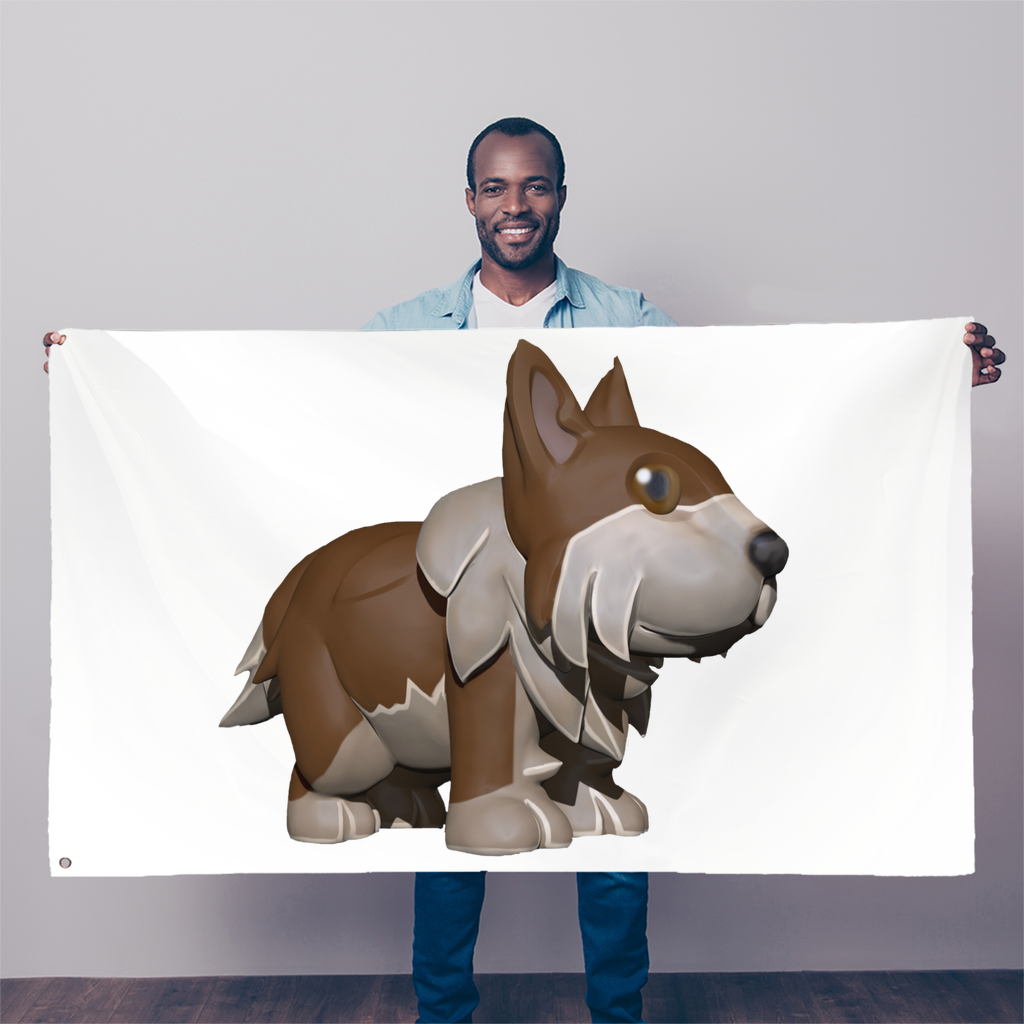 A vibrant Brown Dog Sublimation Flag measuring 5FT x 3FT, made from durable polyester fabric with double-stitched edges and eyelets for hanging.