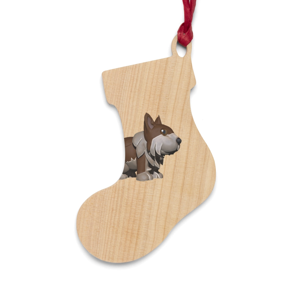 Brown Dog Wooden Christmas Ornaments in various whimsical shapes with red ribbons, showcasing rustic wooden finish.