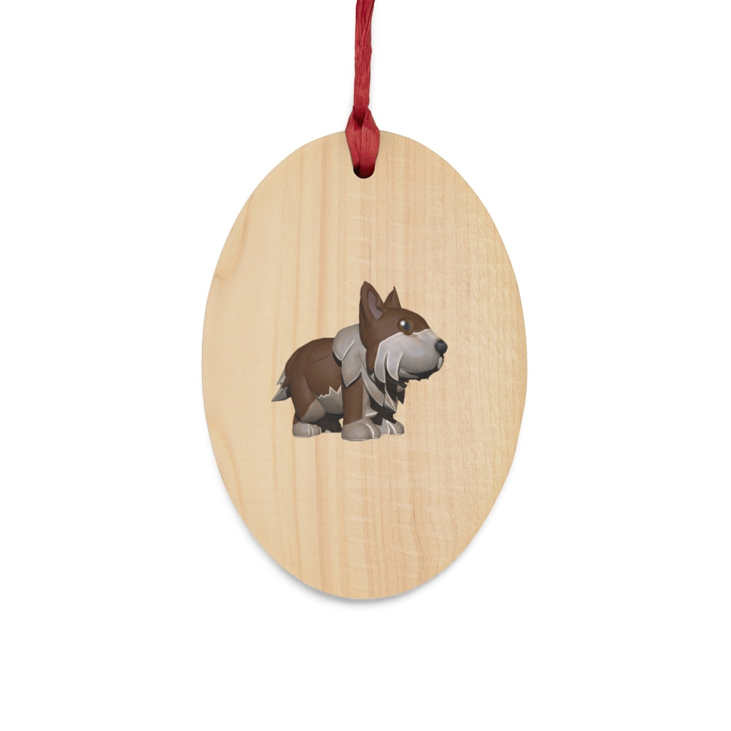 Brown Dog Wooden Christmas Ornaments in various whimsical shapes with red ribbons, showcasing rustic wooden finish.