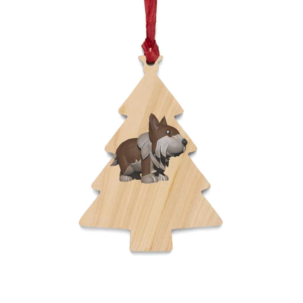Brown Dog Wooden Christmas Ornaments in various whimsical shapes with red ribbons, showcasing rustic wooden finish.