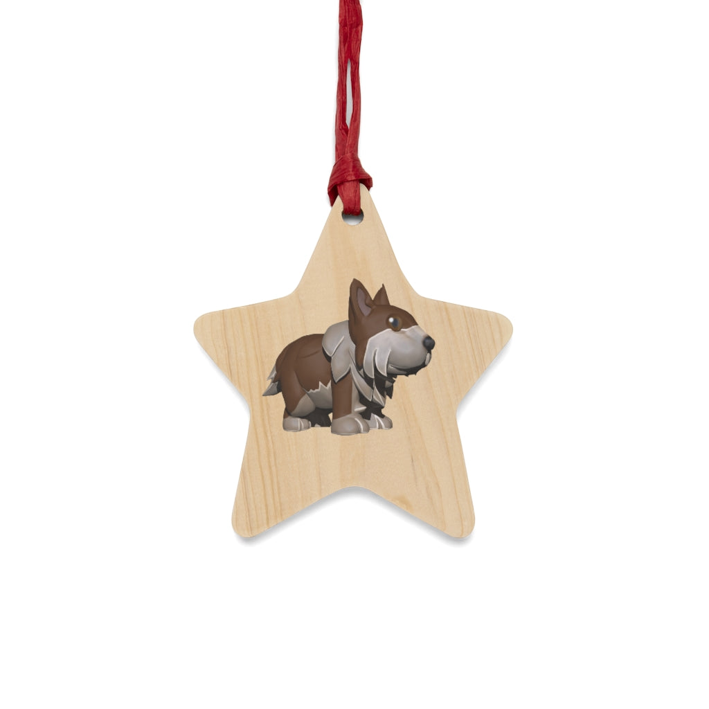 Brown Dog Wooden Christmas Ornaments in various whimsical shapes with red ribbons, showcasing rustic wooden finish.