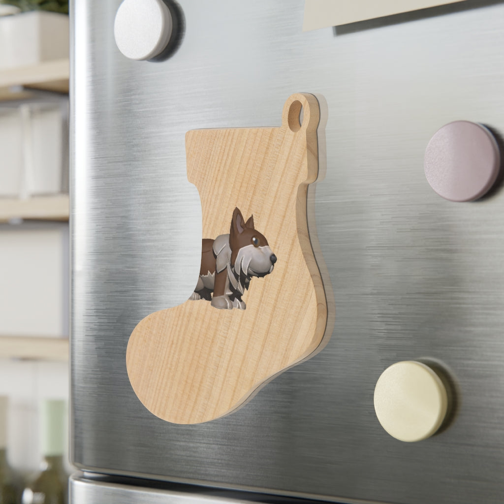 Brown Dog Wooden Christmas Ornaments in various whimsical shapes with red ribbons, showcasing rustic wooden finish.