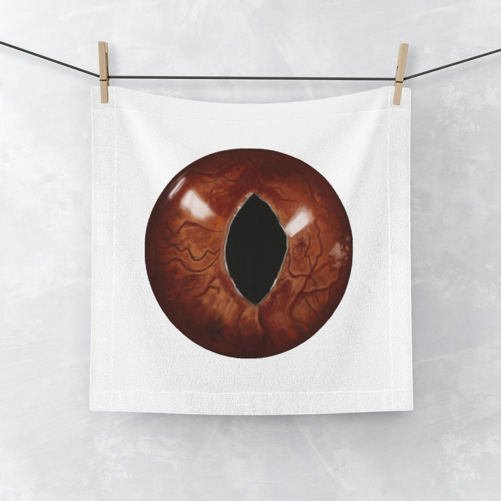 Brown Eye Face Towel featuring a customizable polyester front and soft cotton back, ideal for personal use or gifting.