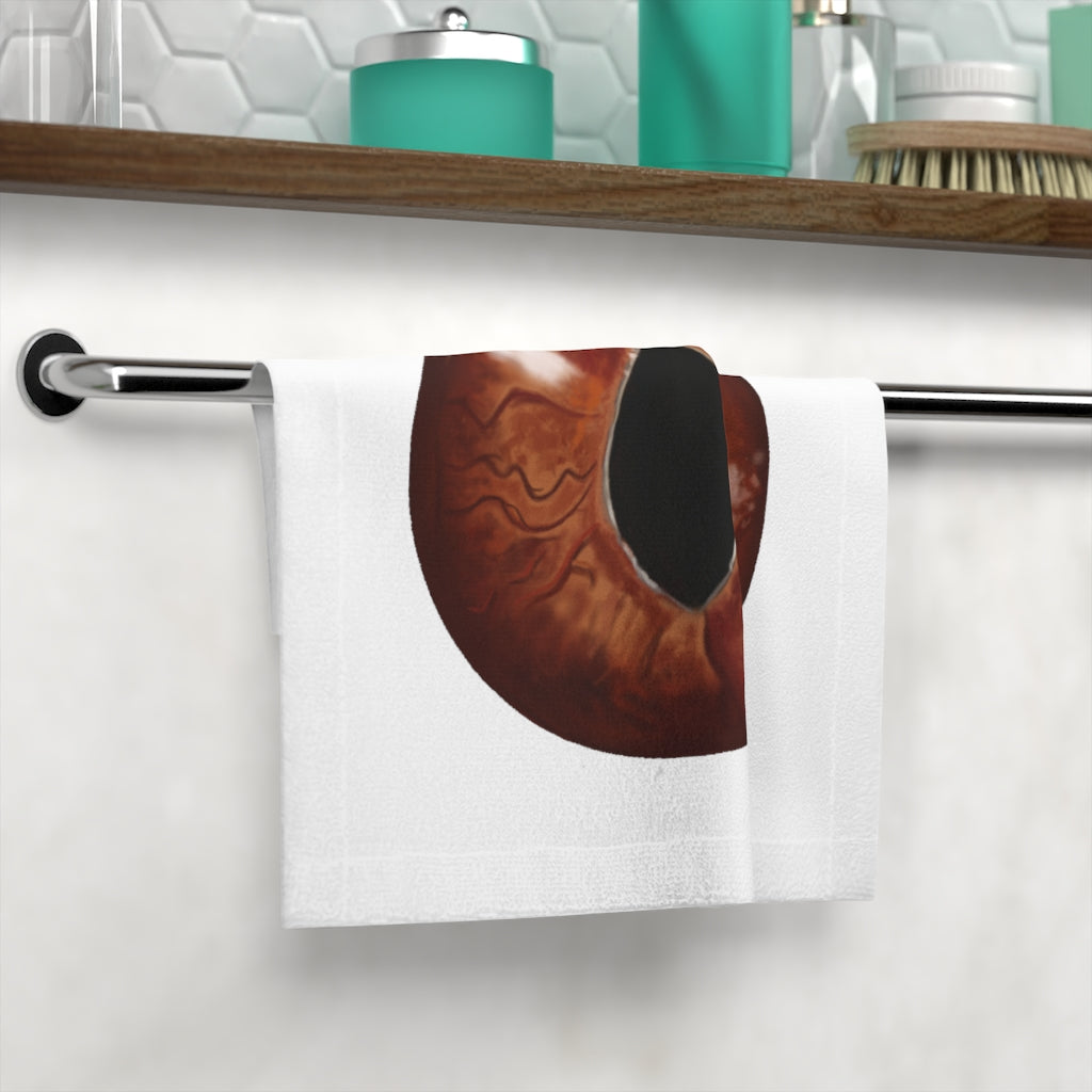 Brown Eye Face Towel featuring a customizable polyester front and soft cotton back, ideal for personal use or gifting.