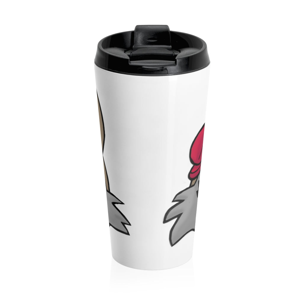 Brown stainless steel travel mug featuring a cute kitty face design, perfect for coffee and tea lovers.