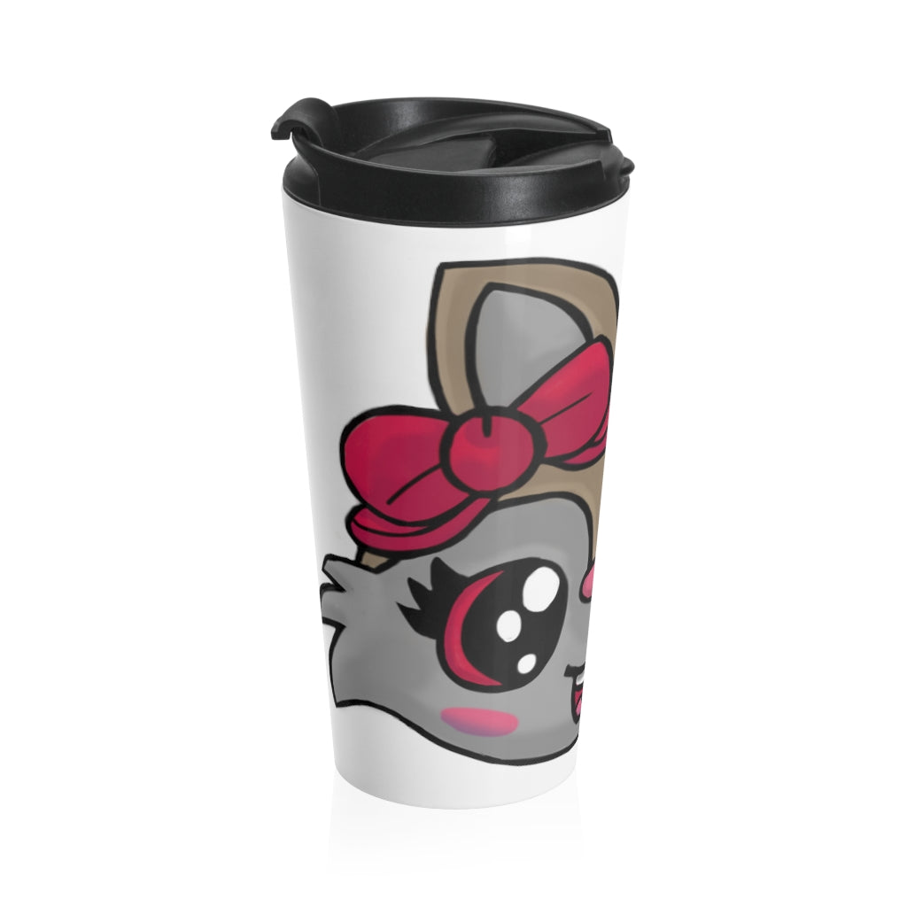 Brown stainless steel travel mug featuring a cute kitty face design, perfect for coffee and tea lovers.