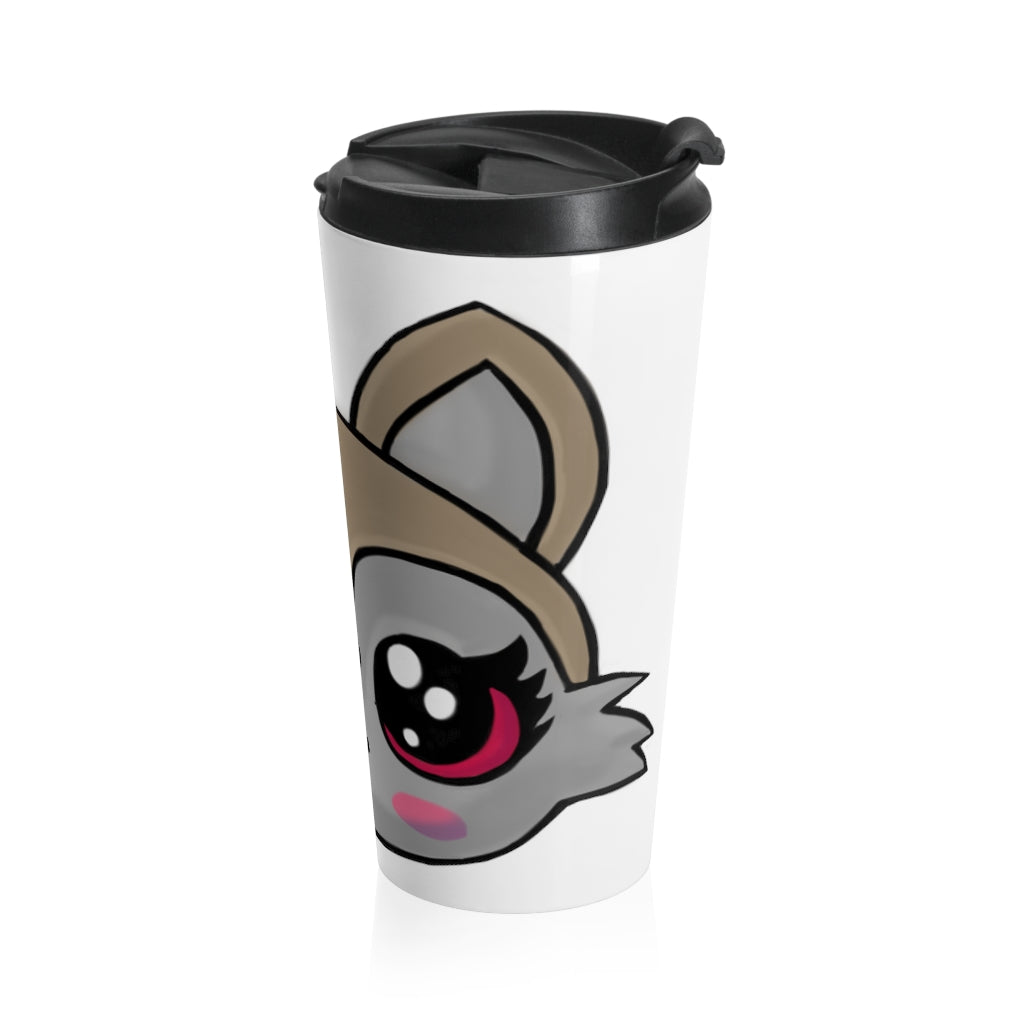 Brown stainless steel travel mug featuring a cute kitty face design, perfect for coffee and tea lovers.