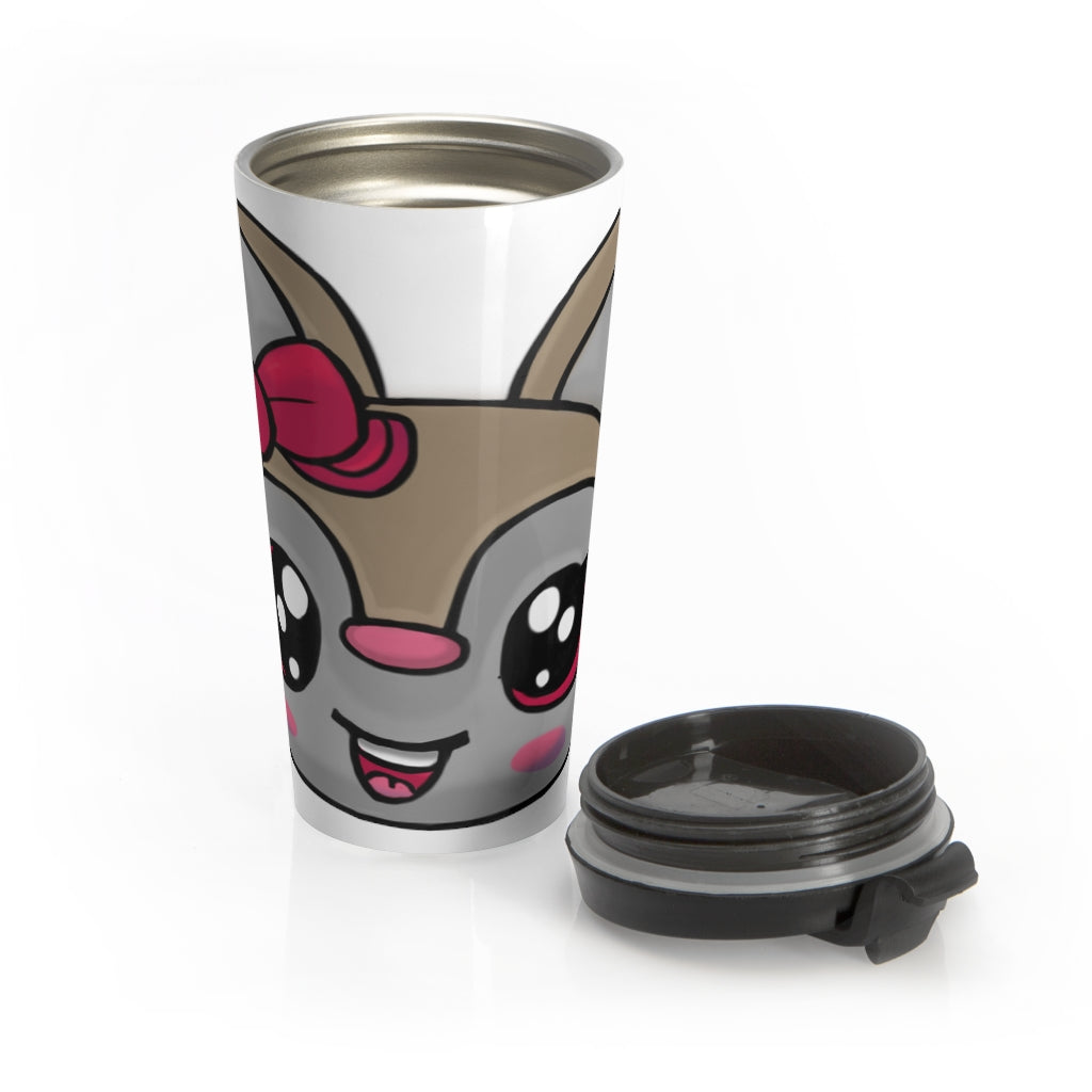 Brown stainless steel travel mug featuring a cute kitty face design, perfect for coffee and tea lovers.
