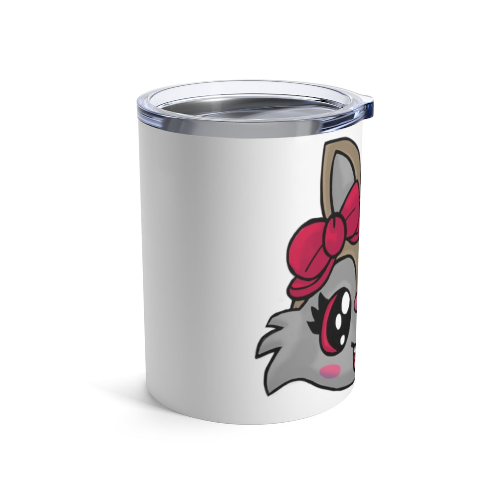 Brown stainless steel tumbler featuring a cute kitty head design with a ribbon and a see-thru plastic lid.