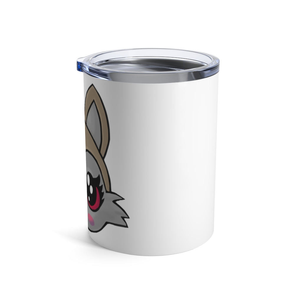 Brown stainless steel tumbler featuring a cute kitty head design with a ribbon and a see-thru plastic lid.