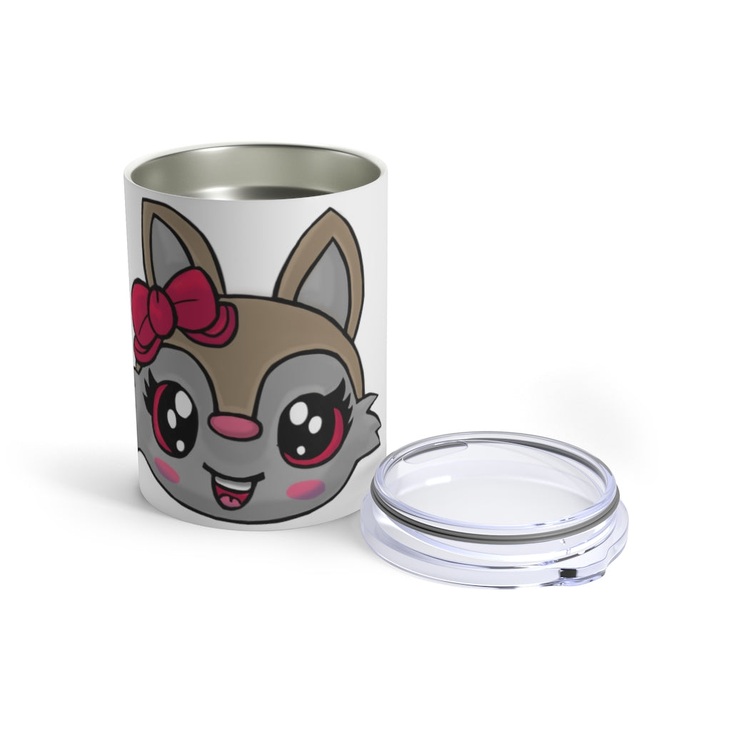 Brown stainless steel tumbler featuring a cute kitty head design with a ribbon and a see-thru plastic lid.