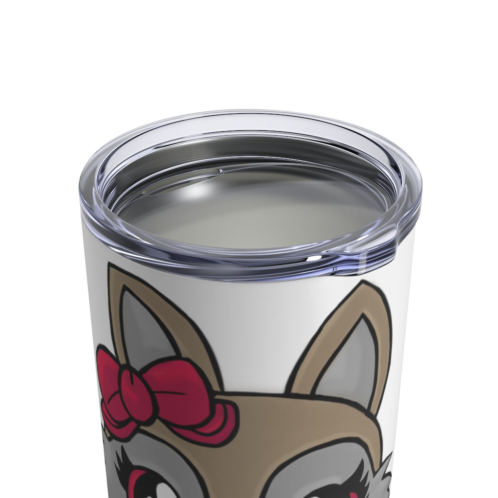 Brown stainless steel tumbler featuring a cute kitty head design with a ribbon and a see-thru plastic lid.