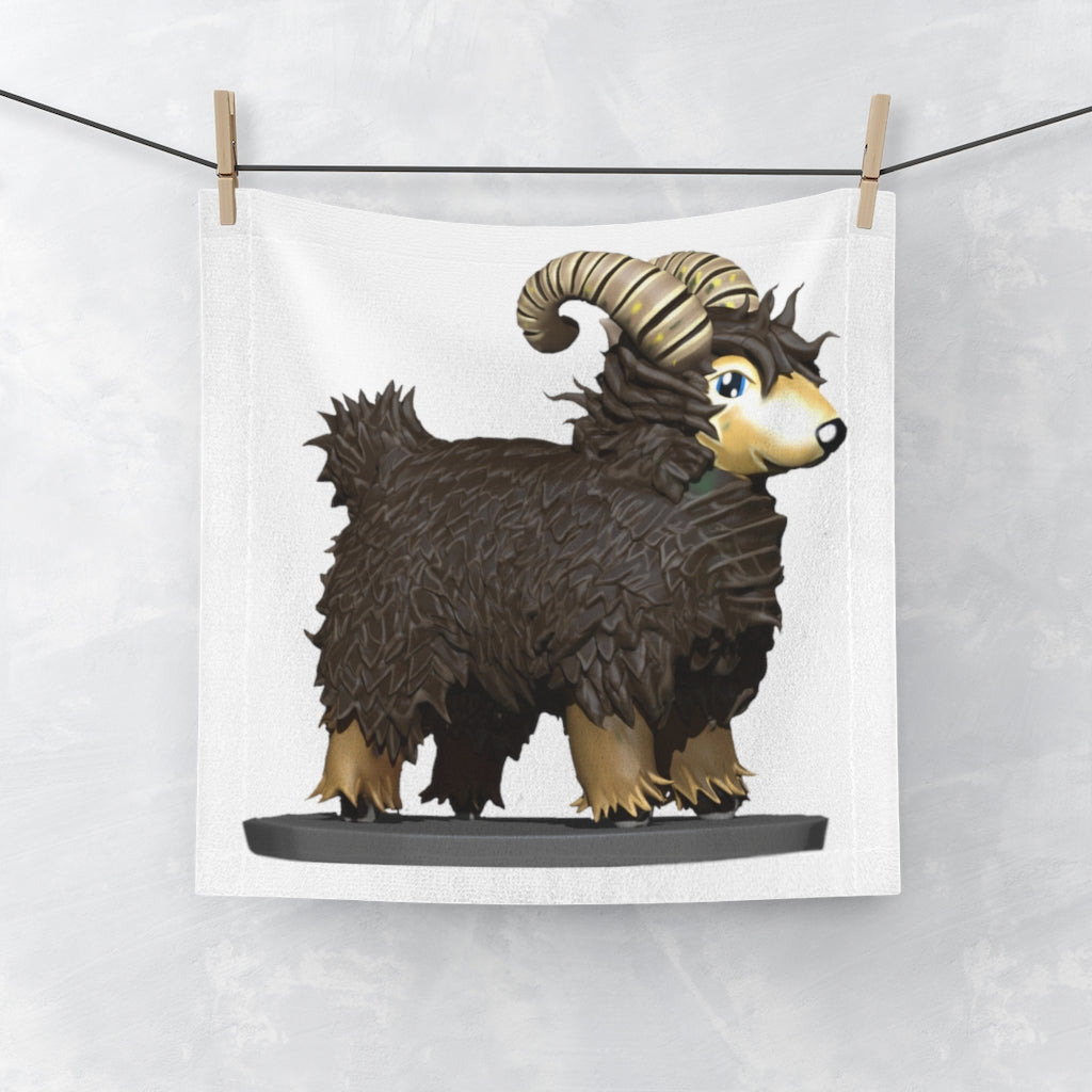 Brown Sheep Face Towel featuring a customizable polyester front and soft cotton back, ideal for personal or gift use.
