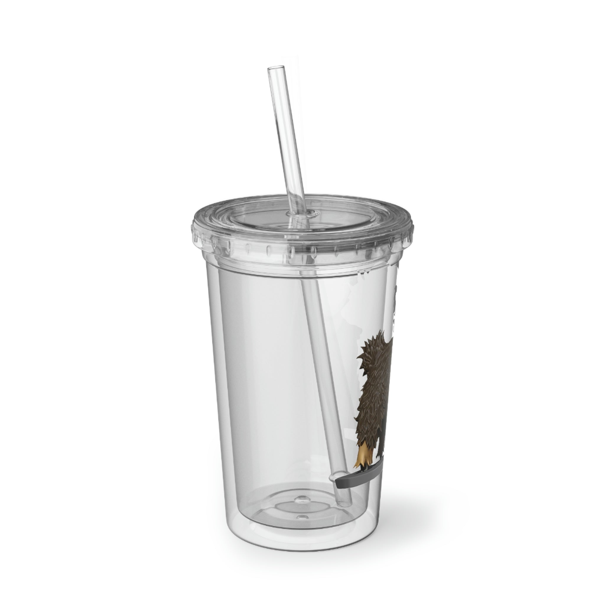Brown Sheep Suave Acrylic Cup with double-wall insulation, featuring a plastic lid and straw, perfect for hot and cold beverages.