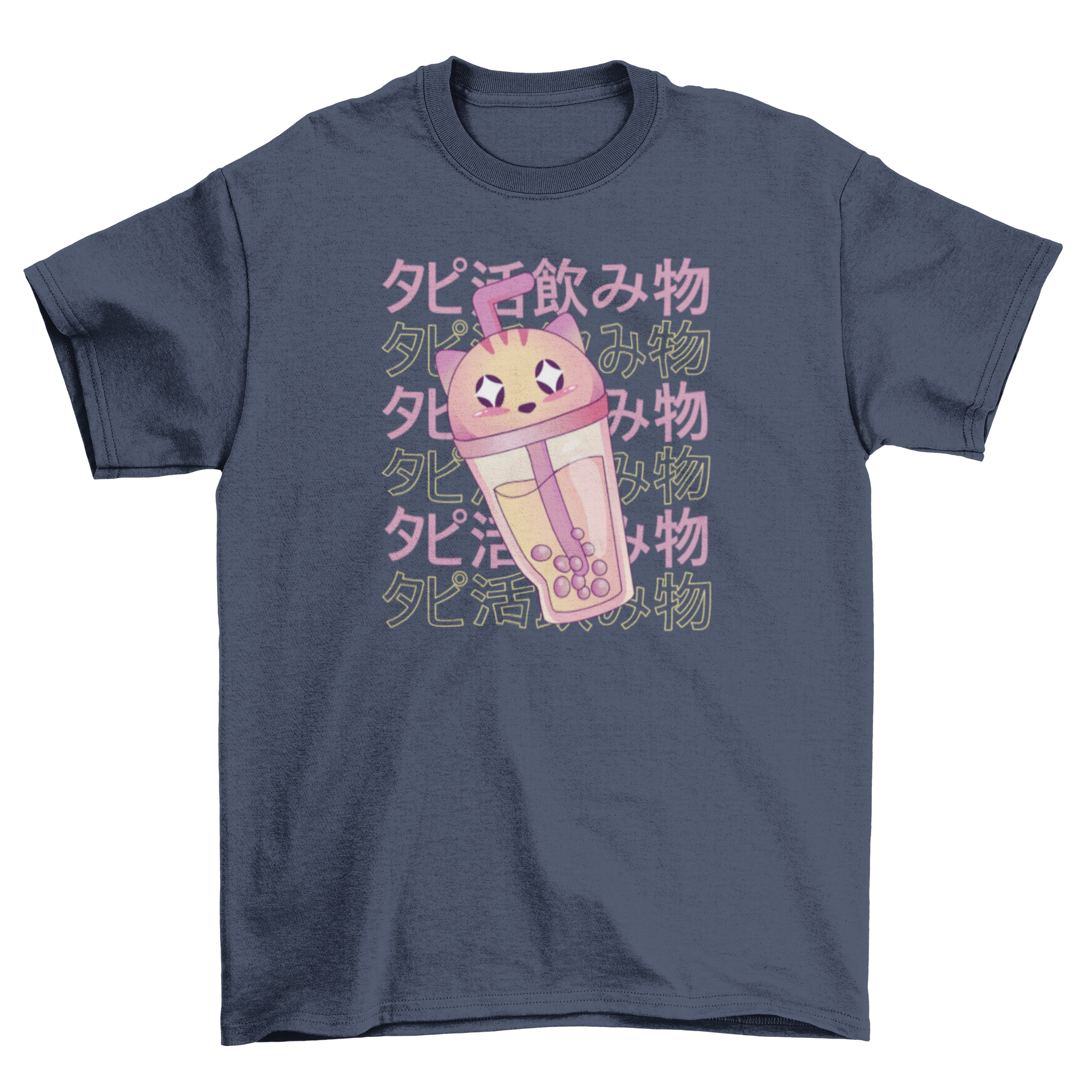 A cute t-shirt featuring a cat-shaped glass filled with bubble tea, showcasing vibrant colors and a playful design.