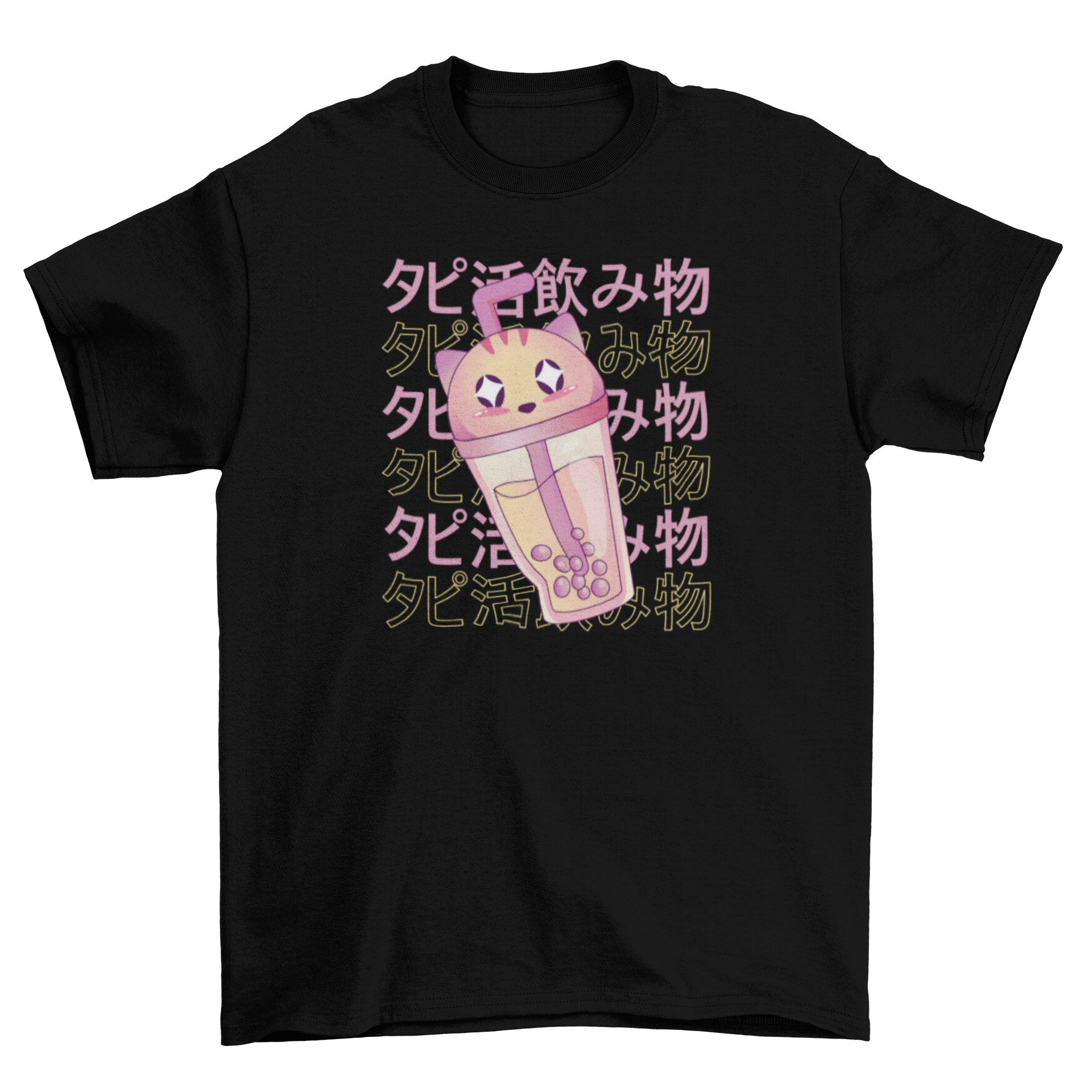 A cute t-shirt featuring a cat-shaped glass filled with bubble tea, showcasing vibrant colors and a playful design.