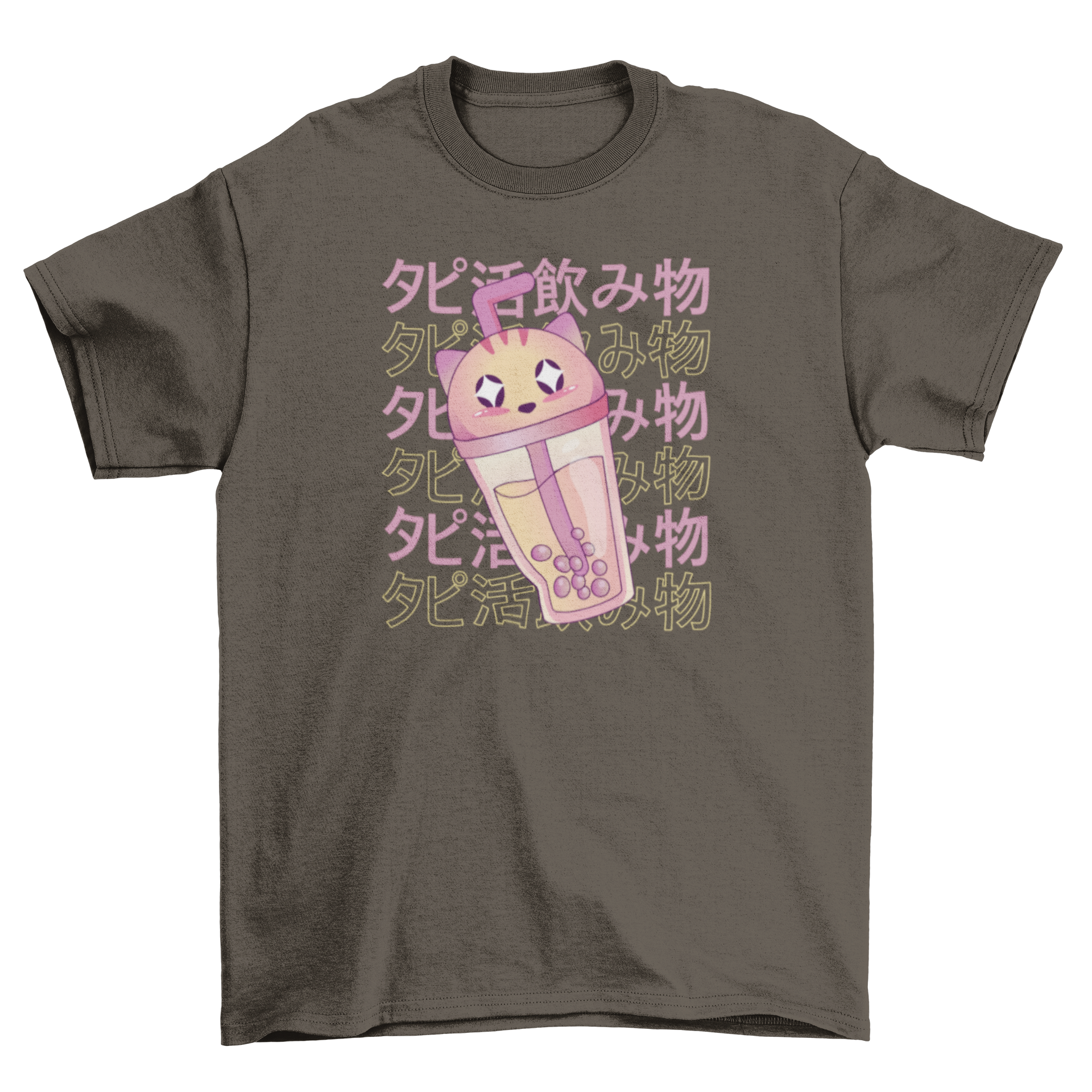 A cute t-shirt featuring a cat-shaped glass filled with bubble tea, showcasing vibrant colors and a playful design.