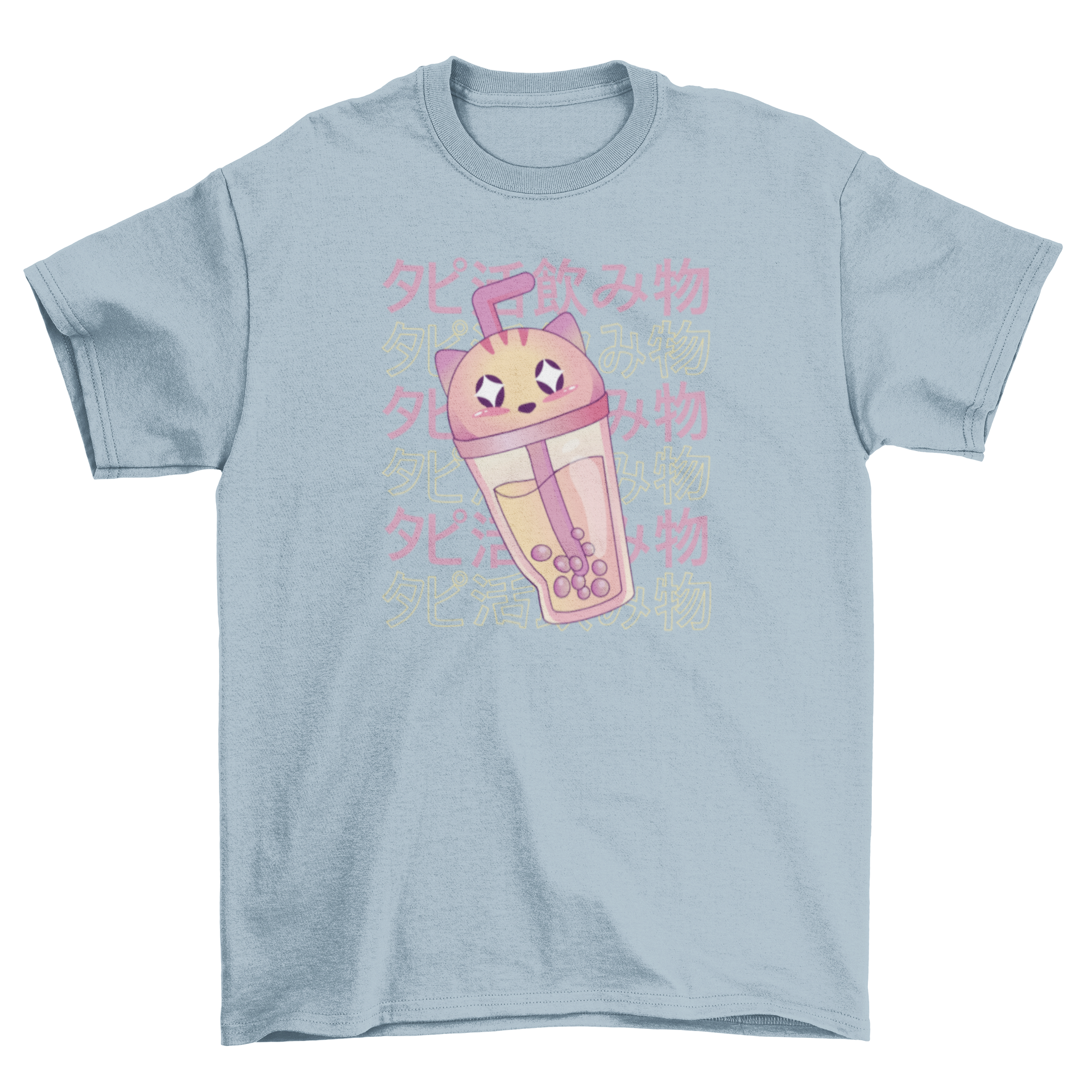 A cute t-shirt featuring a cat-shaped glass filled with bubble tea, showcasing vibrant colors and a playful design.