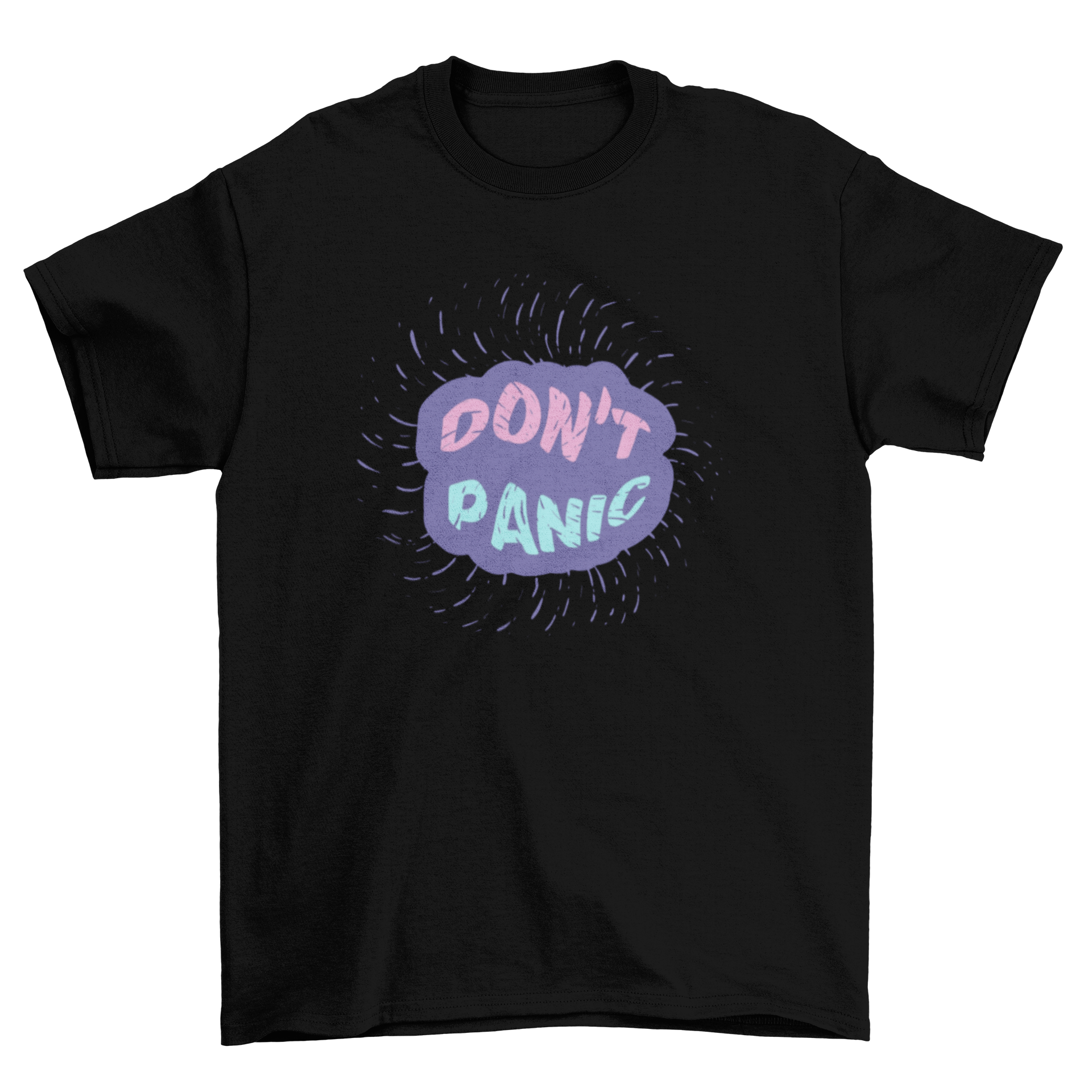 A stylish Bubble T-shirt featuring a vibrant trippy bubble effect and the quote 'don't panic' in an eye-catching design.