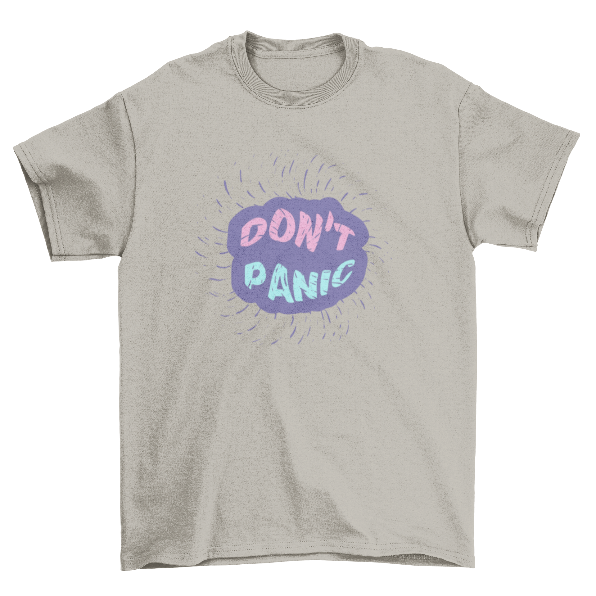 A stylish Bubble T-shirt featuring a vibrant trippy bubble effect and the quote 'don't panic' in an eye-catching design.