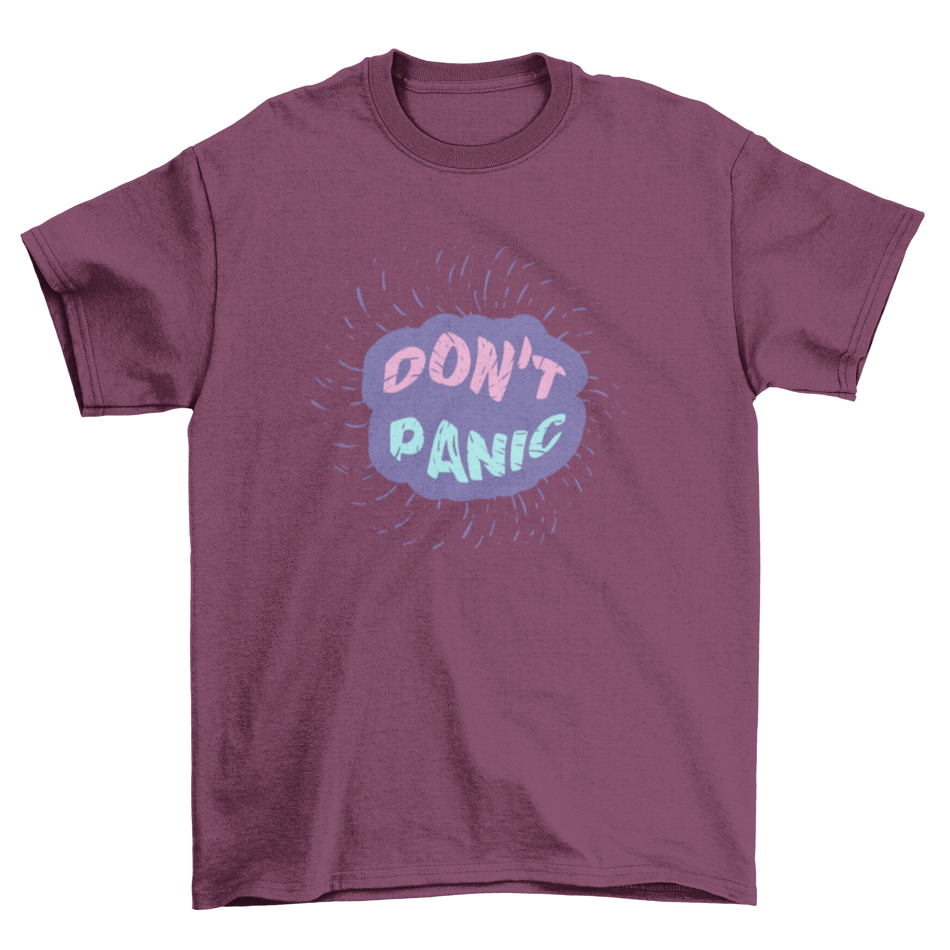 A stylish Bubble T-shirt featuring a vibrant trippy bubble effect and the quote 'don't panic' in an eye-catching design.
