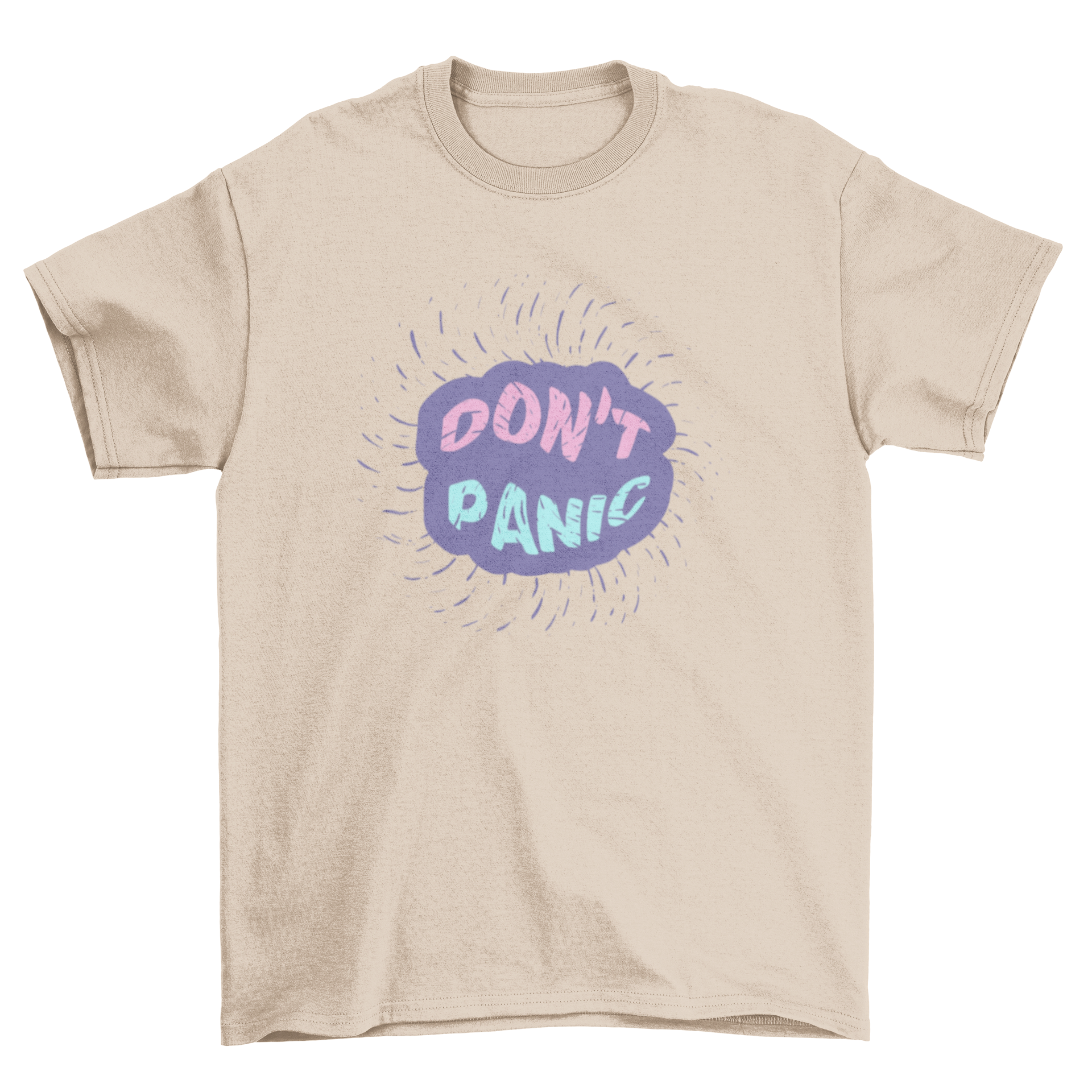 A stylish Bubble T-shirt featuring a vibrant trippy bubble effect and the quote 'don't panic' in an eye-catching design.