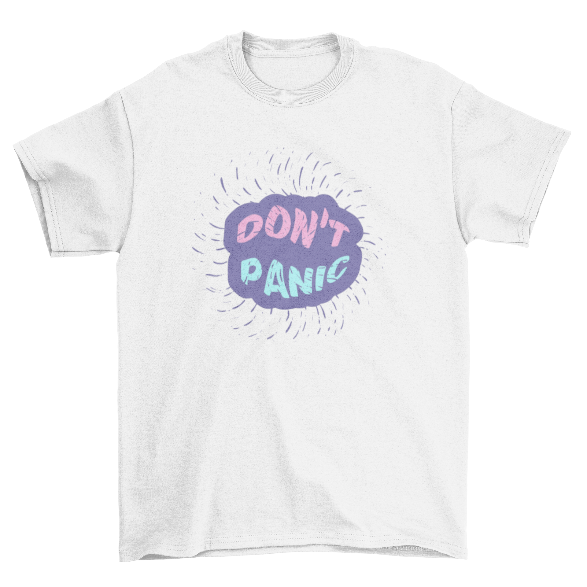 A stylish Bubble T-shirt featuring a vibrant trippy bubble effect and the quote 'don't panic' in an eye-catching design.