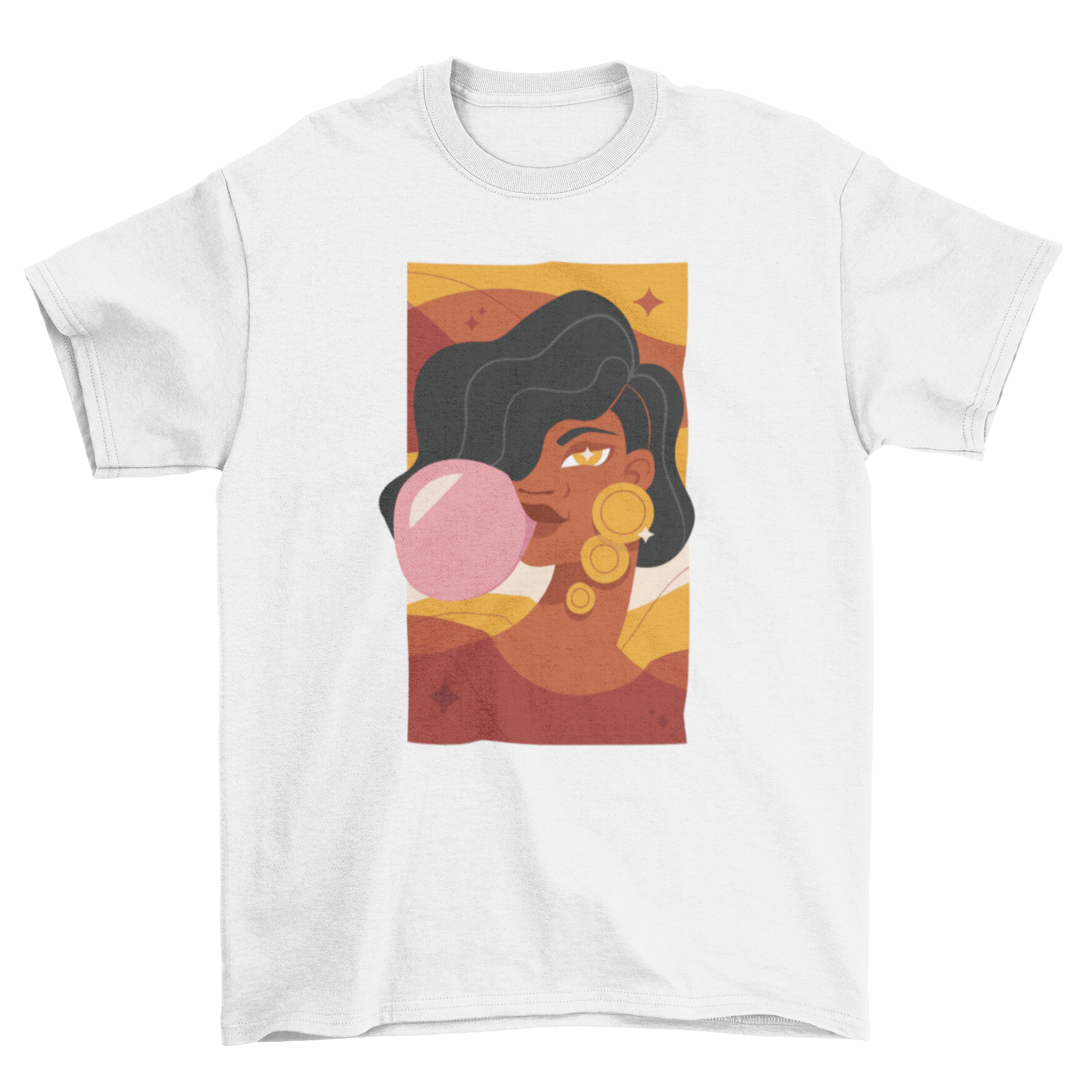 A stylish t-shirt featuring a colorful illustration of a woman blowing a bubble with gum, showcasing a fun and trendy design.