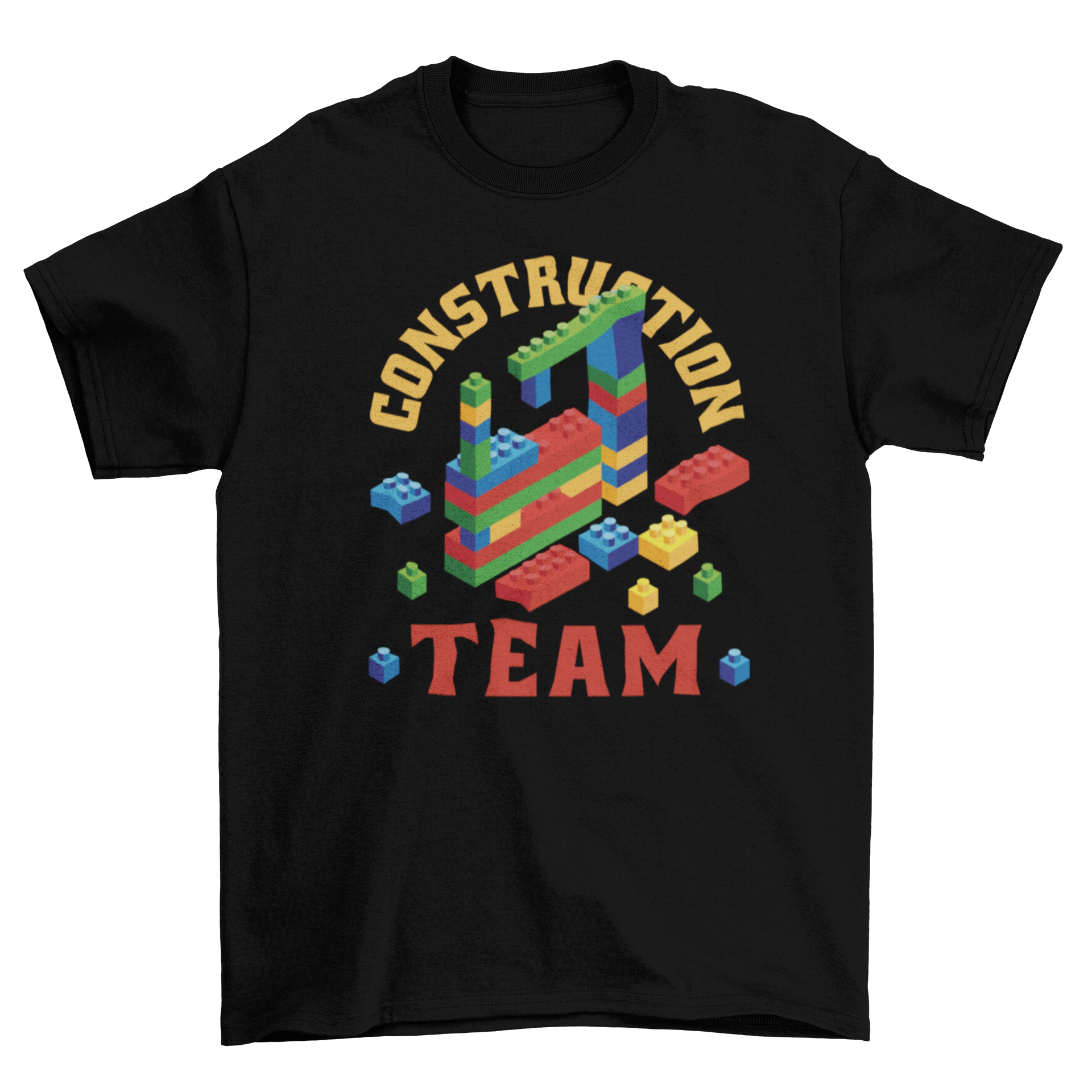 A stylish t-shirt featuring colorful building blocks and the quote 'Construction team', perfect for construction enthusiasts.