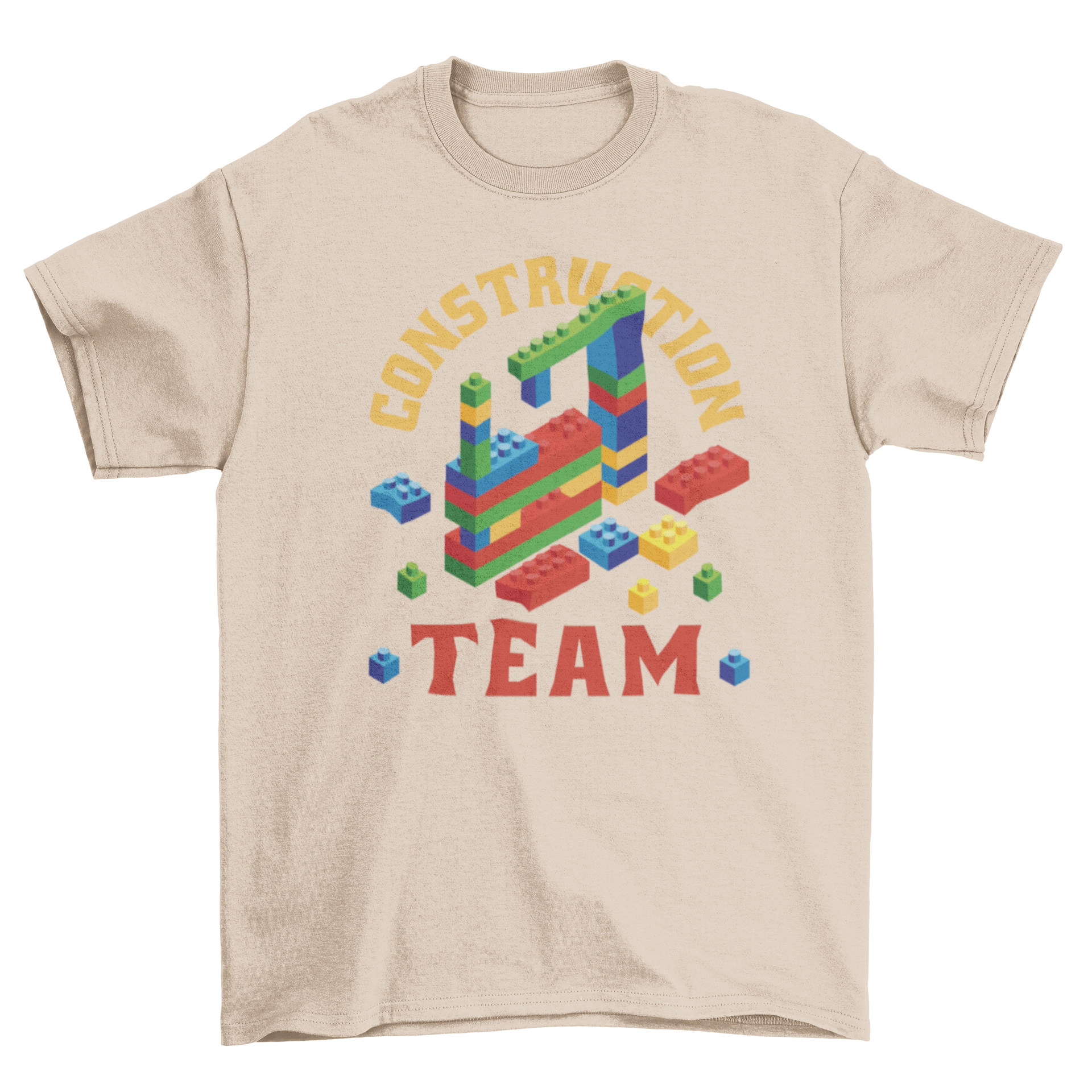 A stylish t-shirt featuring colorful building blocks and the quote 'Construction team', perfect for construction enthusiasts.