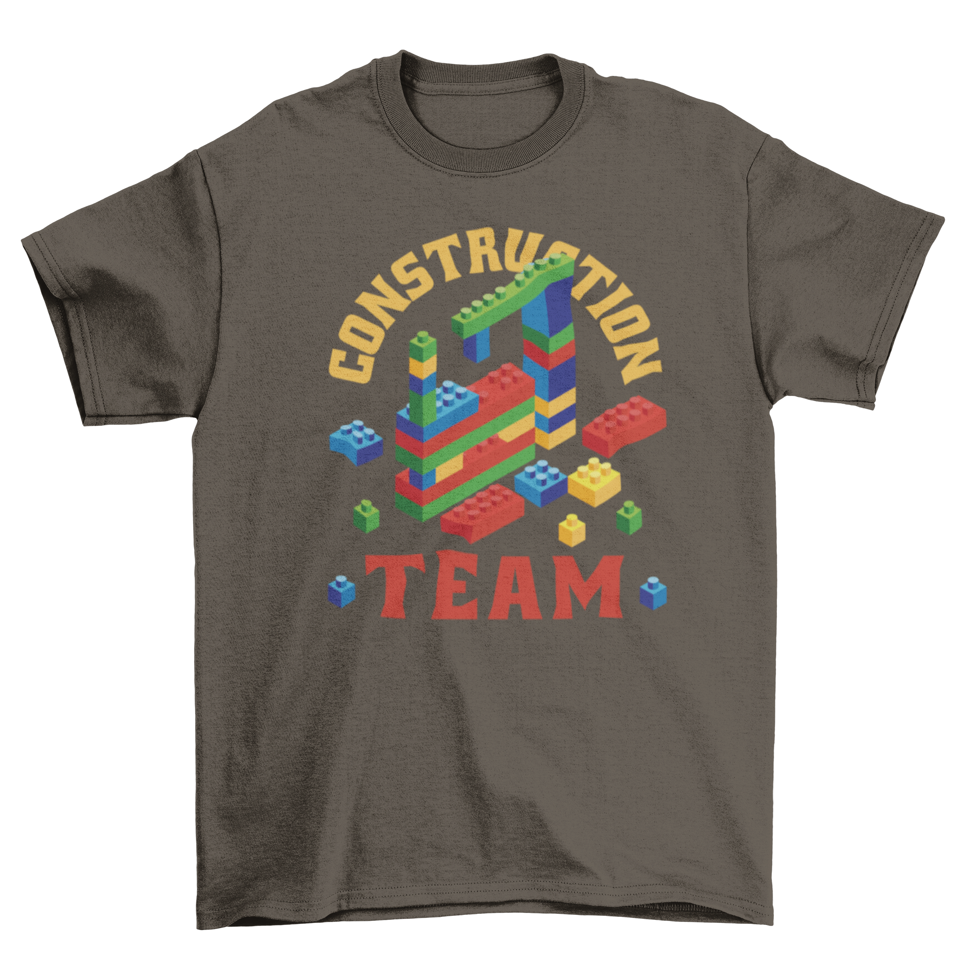 A stylish t-shirt featuring colorful building blocks and the quote 'Construction team', perfect for construction enthusiasts.