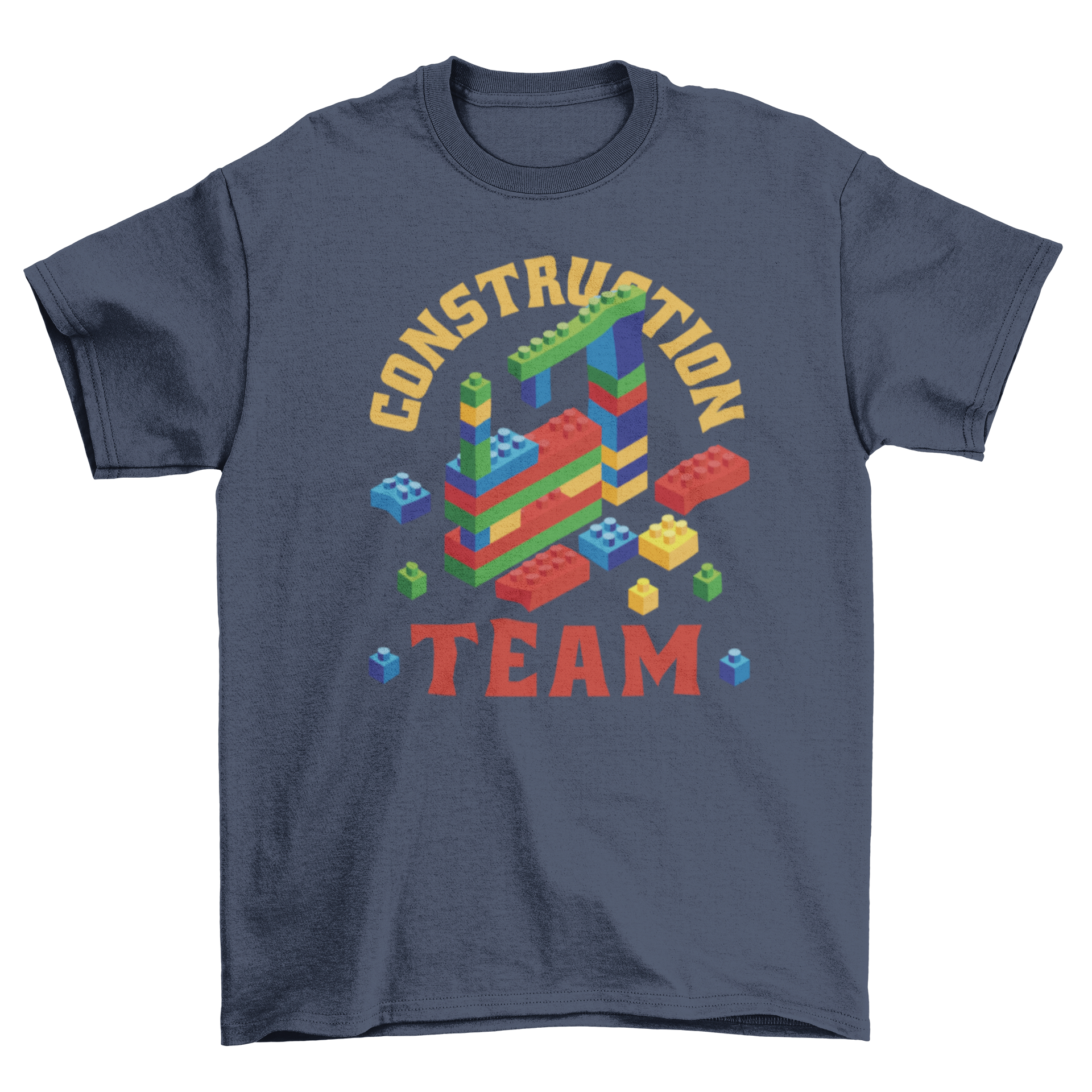 A stylish t-shirt featuring colorful building blocks and the quote 'Construction team', perfect for construction enthusiasts.
